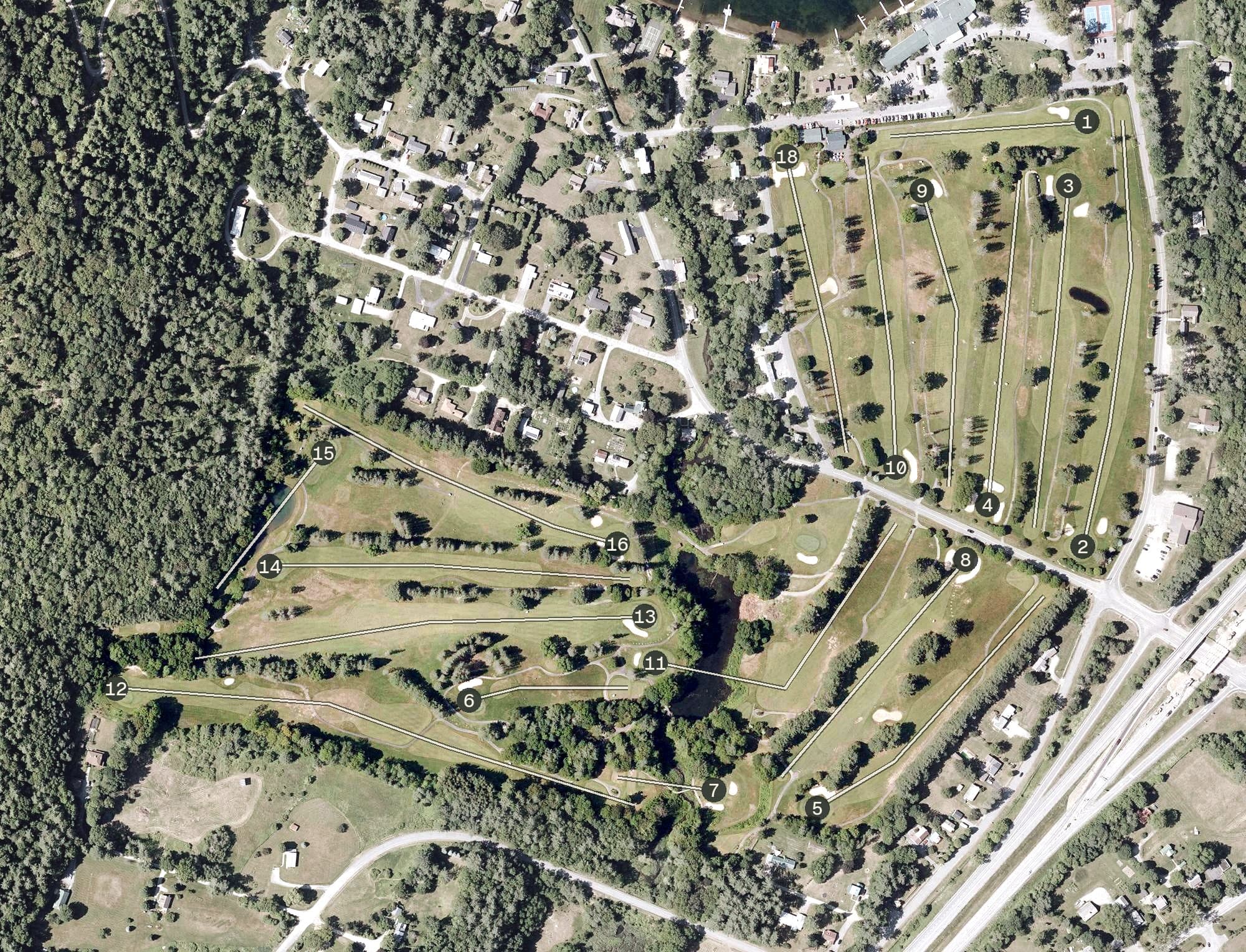 Aerial view of Lake Morey Golf Course, VT, with its hole routing marked
