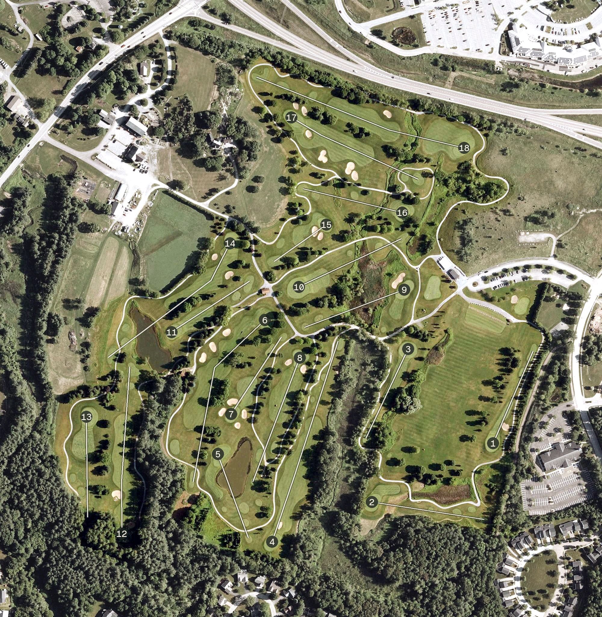 Aerial view of Links at Lang Farm, VT, with its hole routing marked