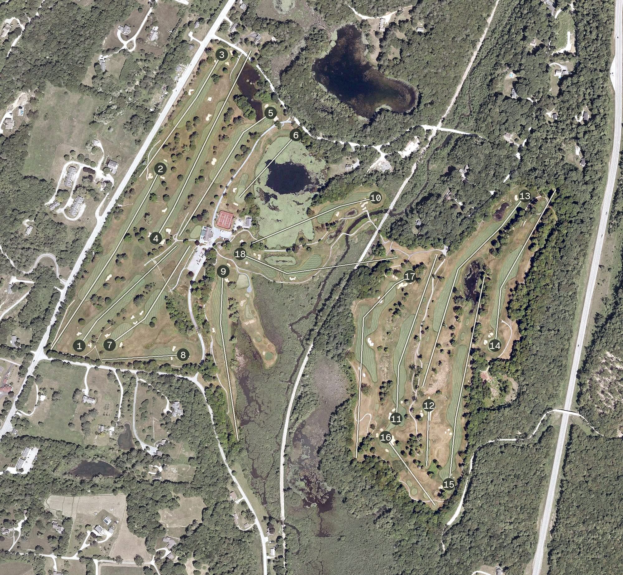 Aerial view of Manchester Country Club, VT, with its hole routing marked