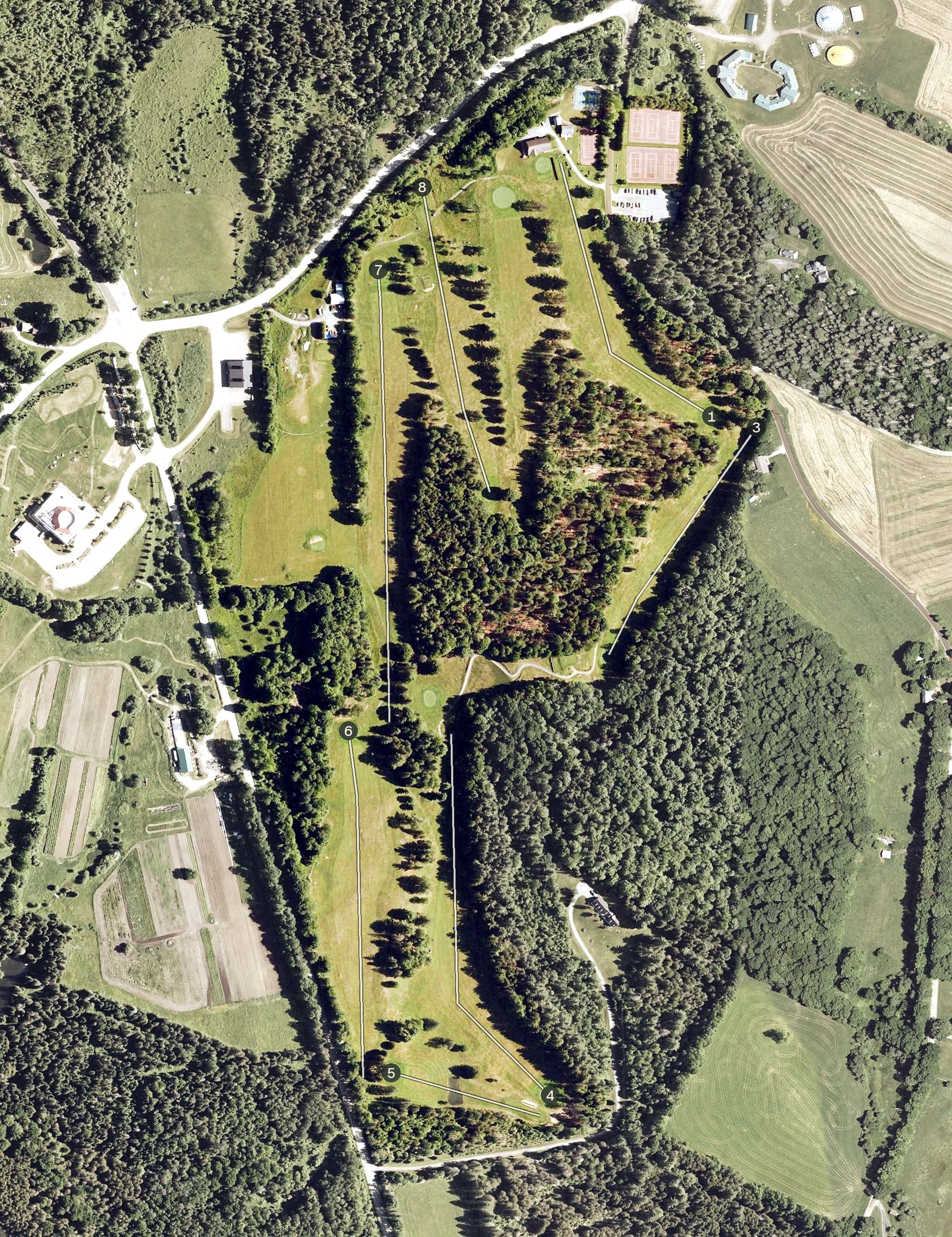 Aerial view of Mountain View Country Club, VT, with its hole routing marked
