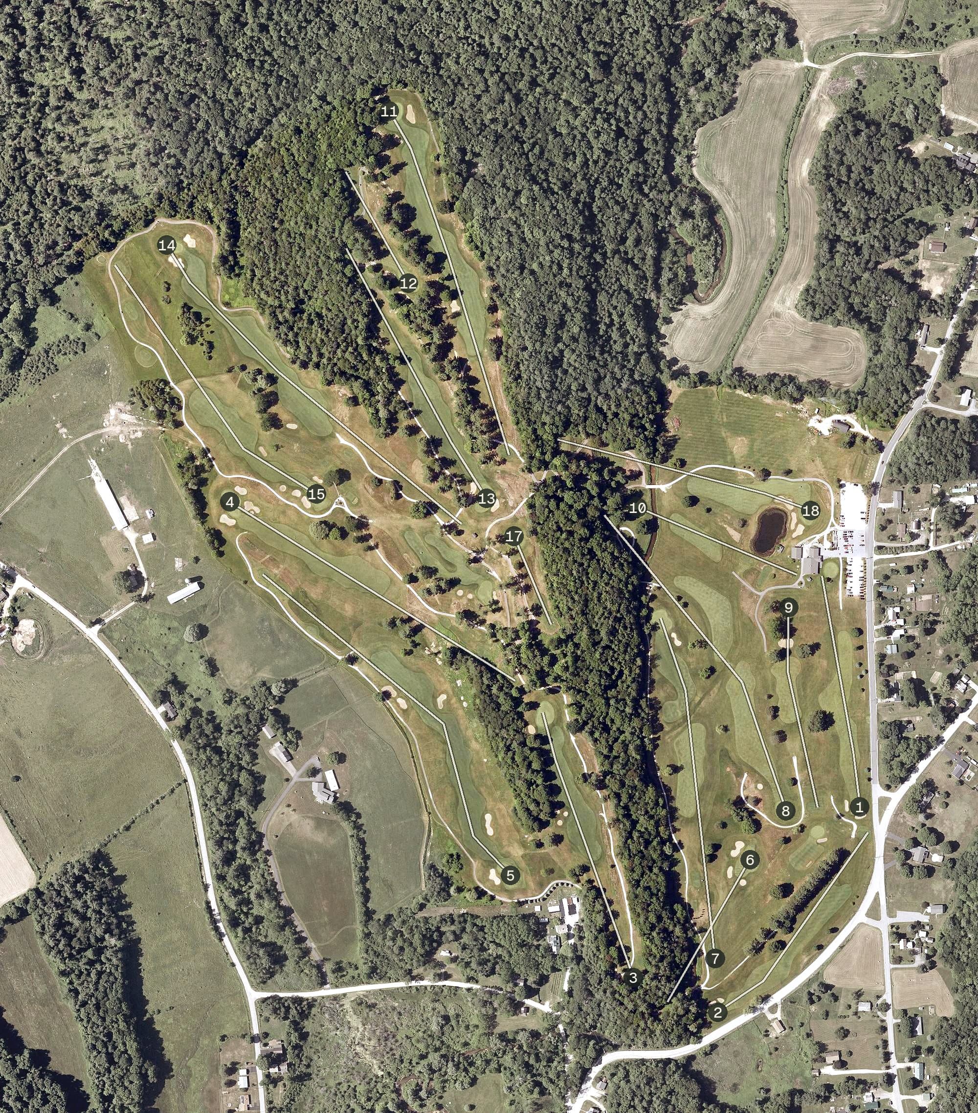 Aerial view of Neshobe Golf Course, VT, with its hole routing marked