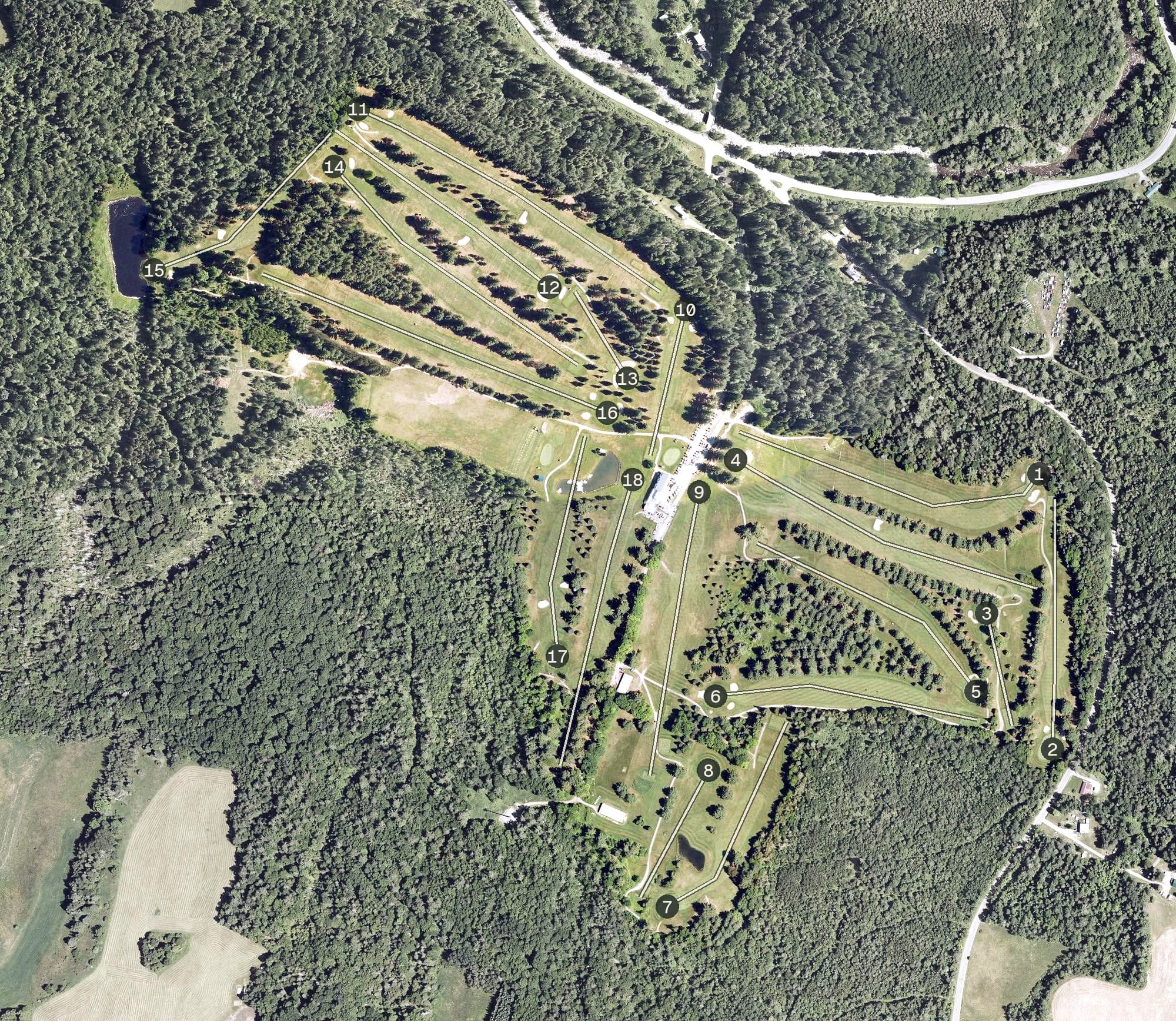 Aerial view of Orleans Country Club, VT, with its hole routing marked