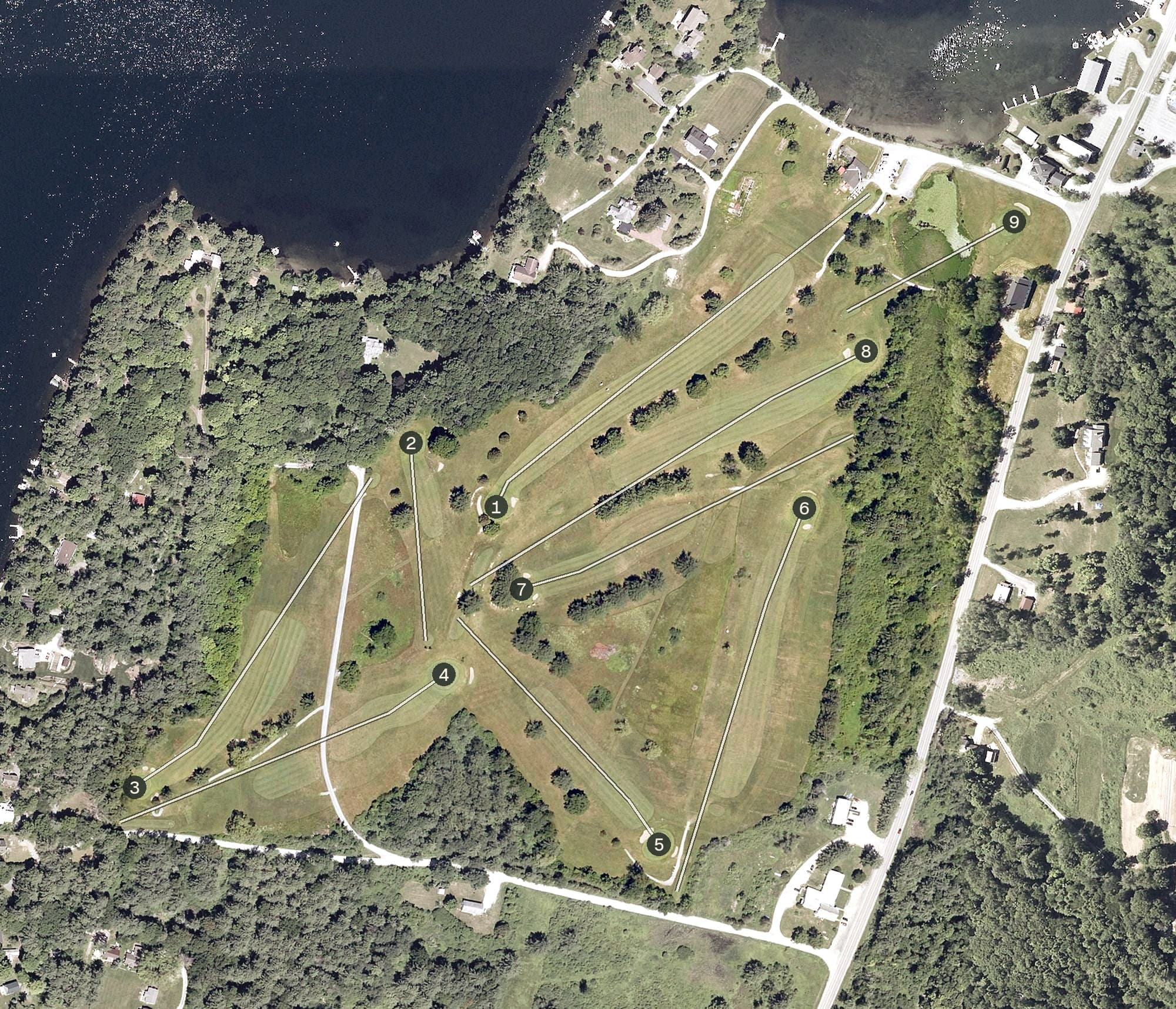 Aerial view of Prospect Point Golf Club, VT, with its hole routing marked
