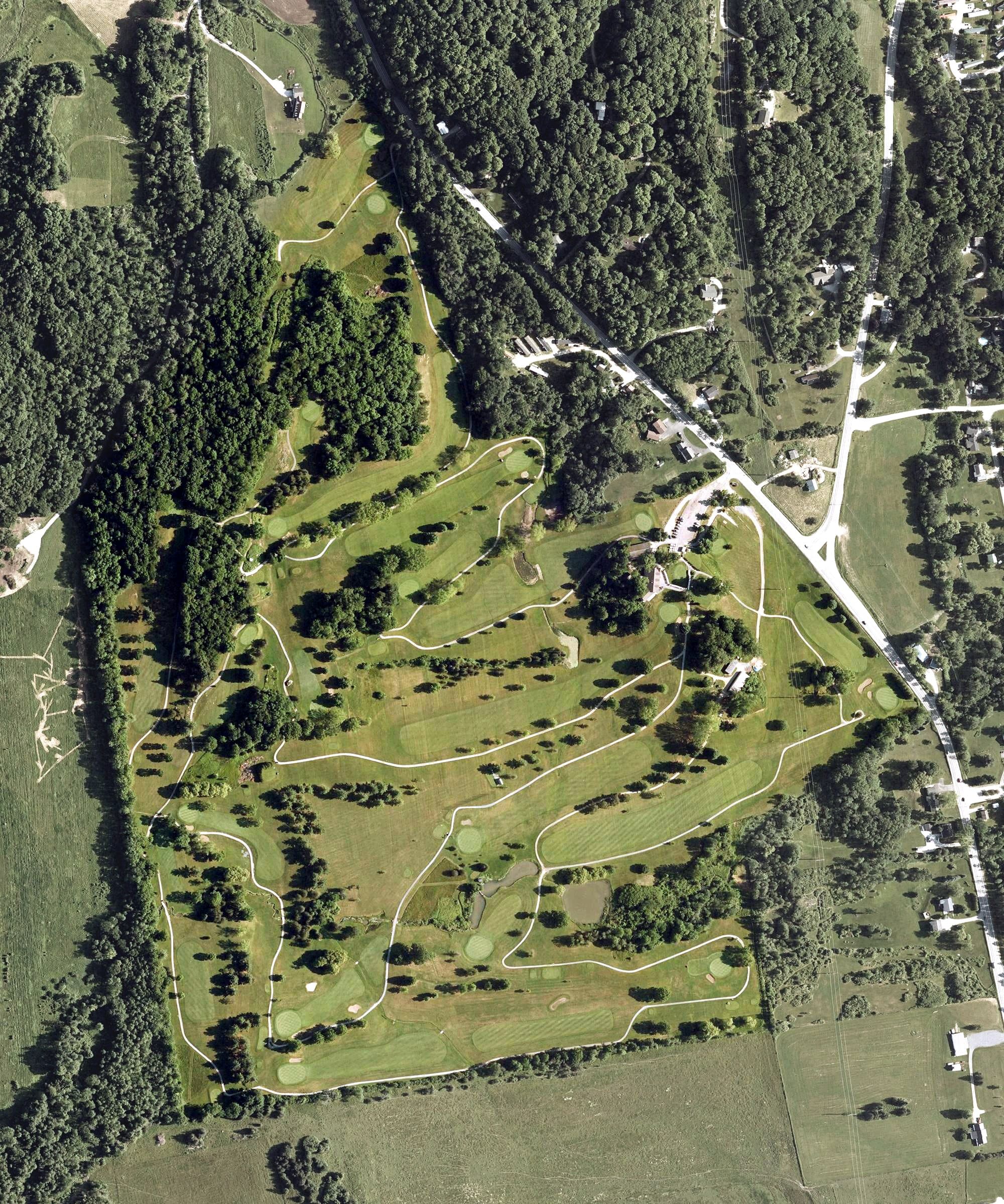 Aerial view of Rocky Ridge Golf Club, VT, with its hole routing marked