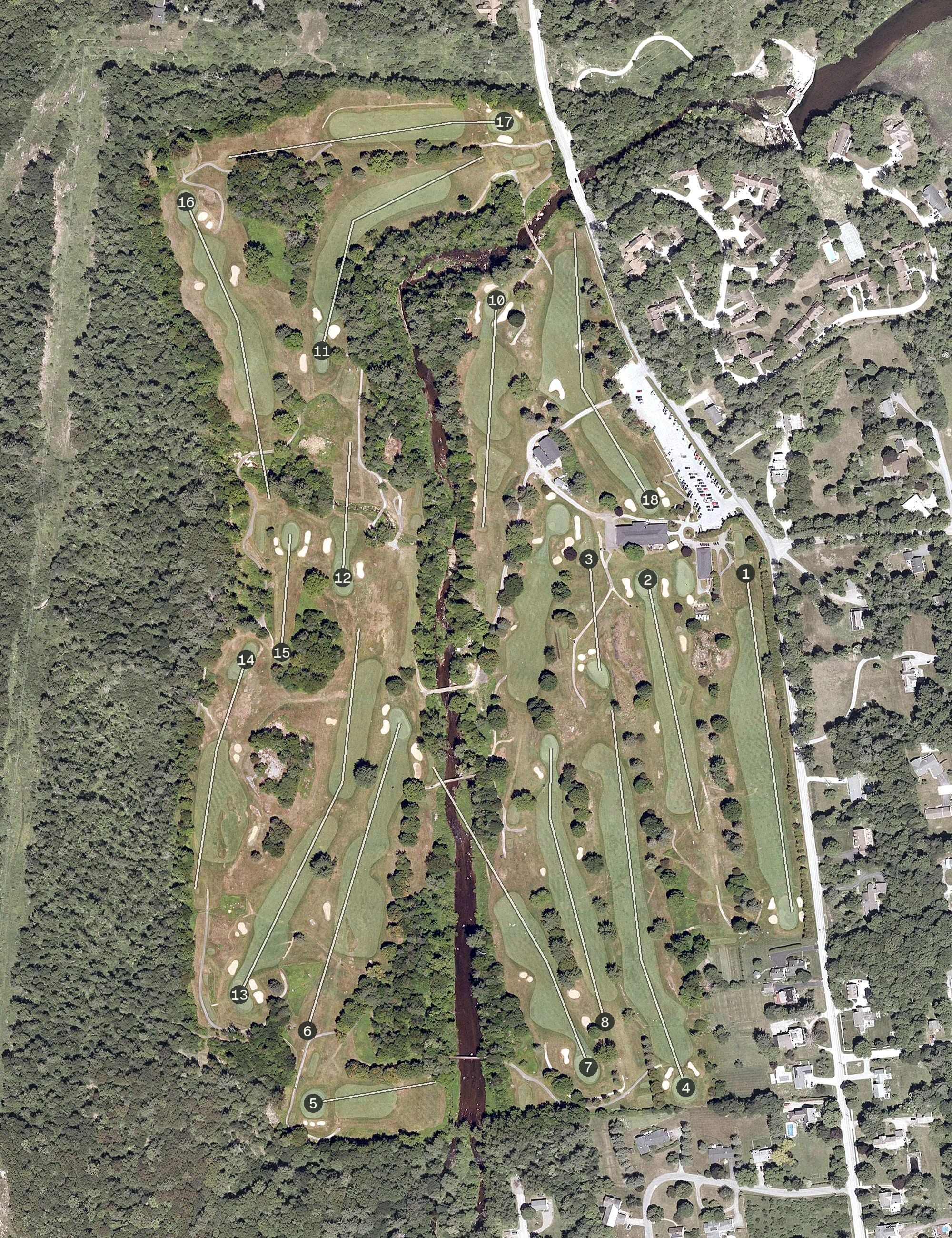 Aerial view of Rutland Country Club, VT, with its hole routing marked