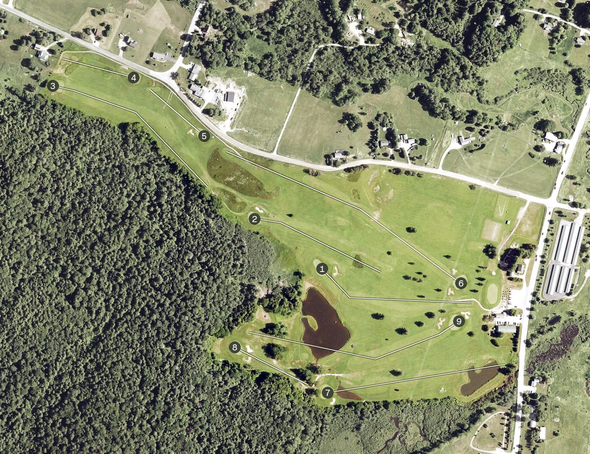 Aerial view of Ryder Brook Golf Club, VT, with its hole routing marked