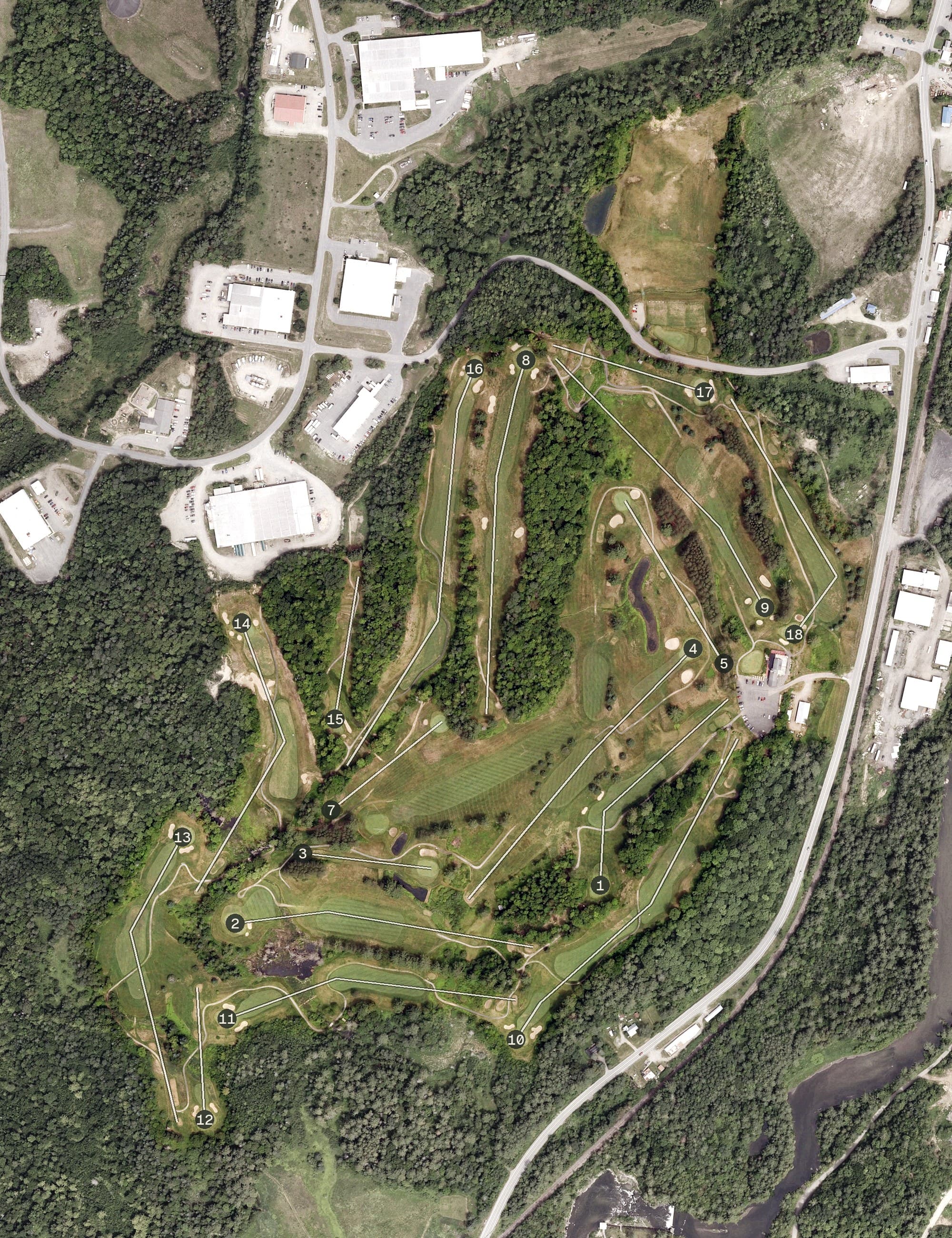 Aerial view of Saint Johnsbury Country Club, VT, with its hole routing marked