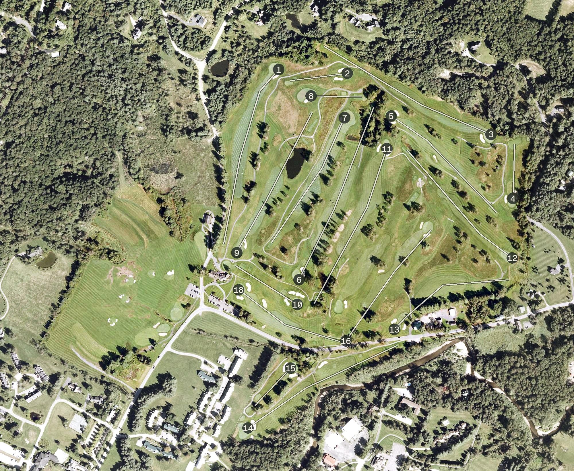 Aerial view of Stowe Country Club, VT, with its hole routing marked