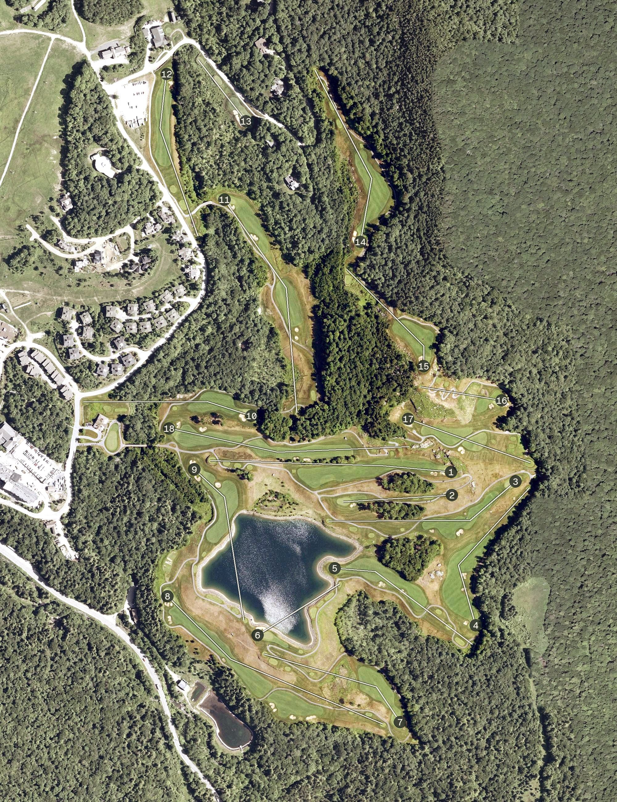 Aerial view of Stowe Mountain Club, VT, with its hole routing marked