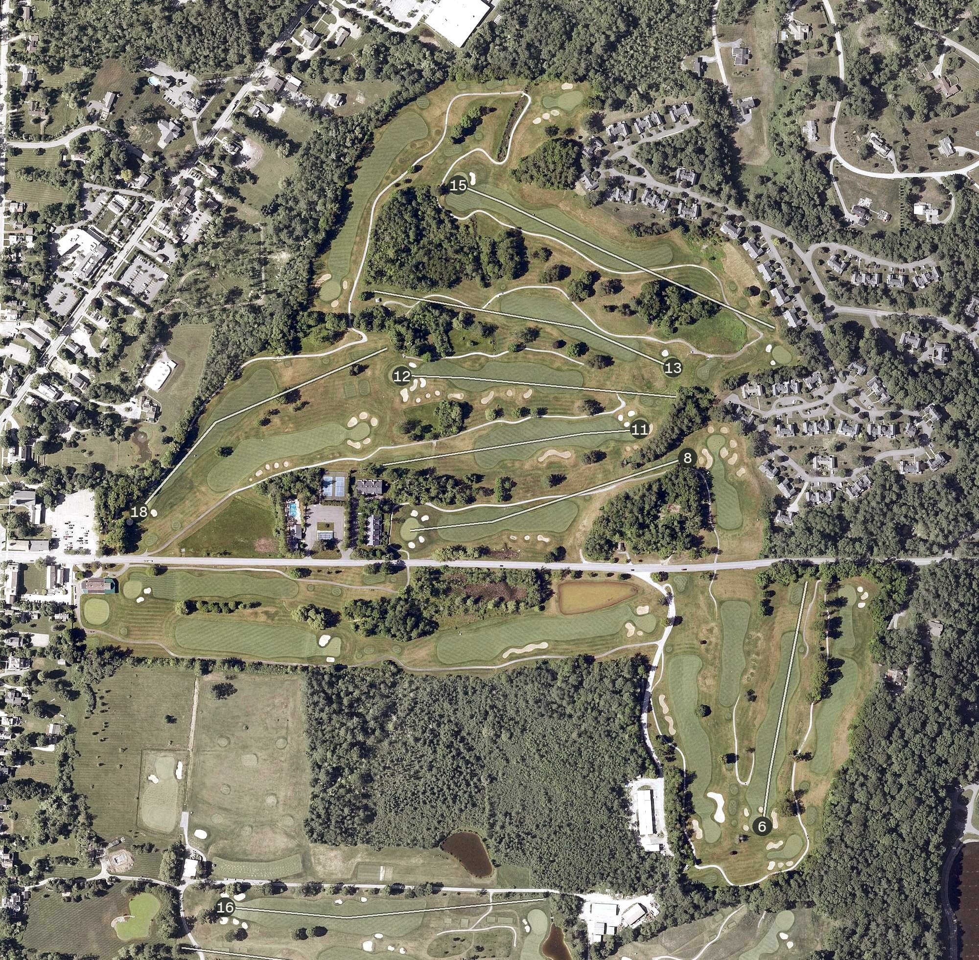 Aerial view of The Golf Club at The Equinox Resort, VT, with its hole routing marked
