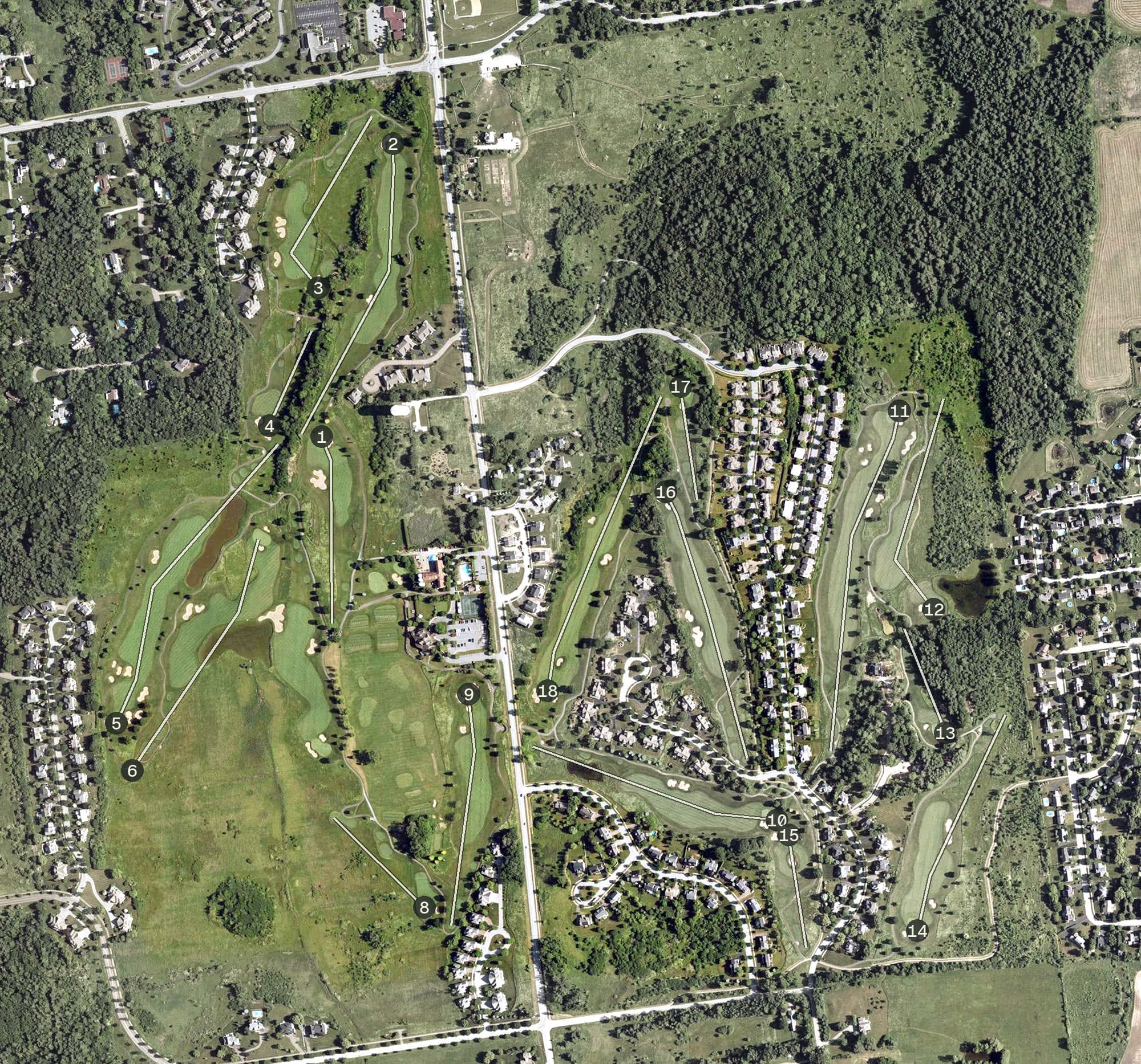 Aerial view of Vermont National Country Club, VT, with its hole routing marked