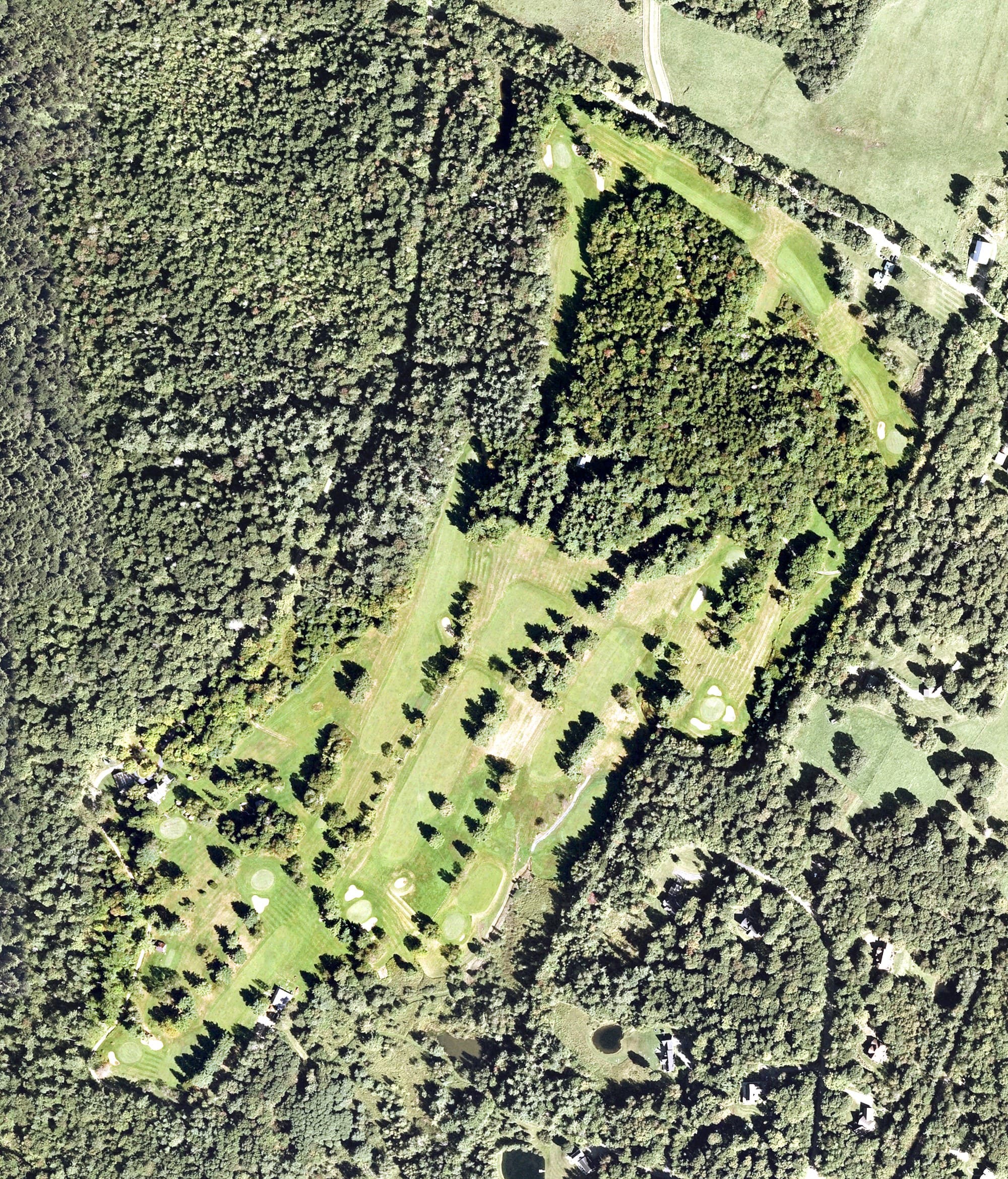 Aerial view of West Hills Golf Course, VT, with its hole routing marked