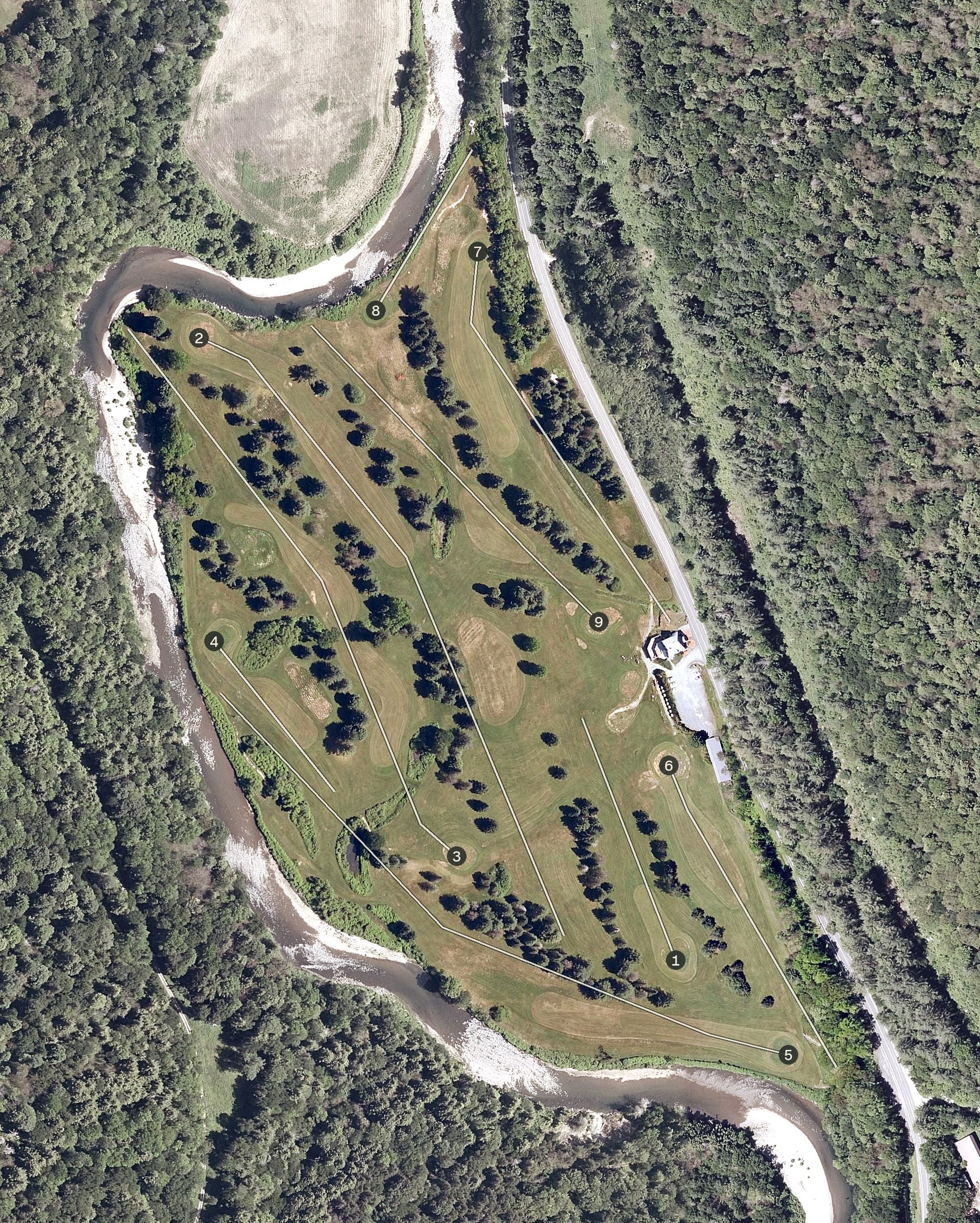 Aerial view of White River Golf Course, VT, with its hole routing marked