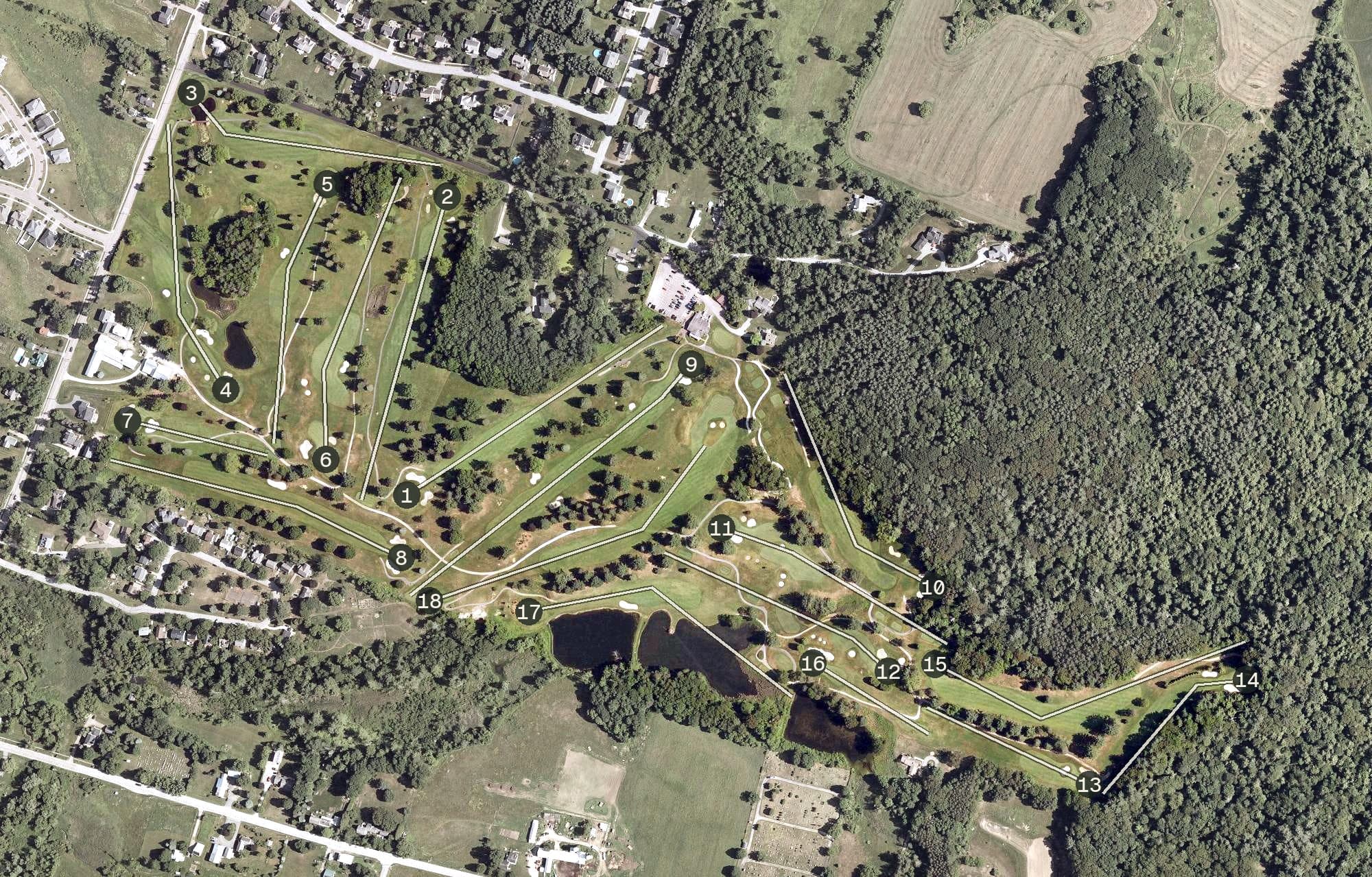 Aerial view of Williston Country Club, VT, with its hole routing marked