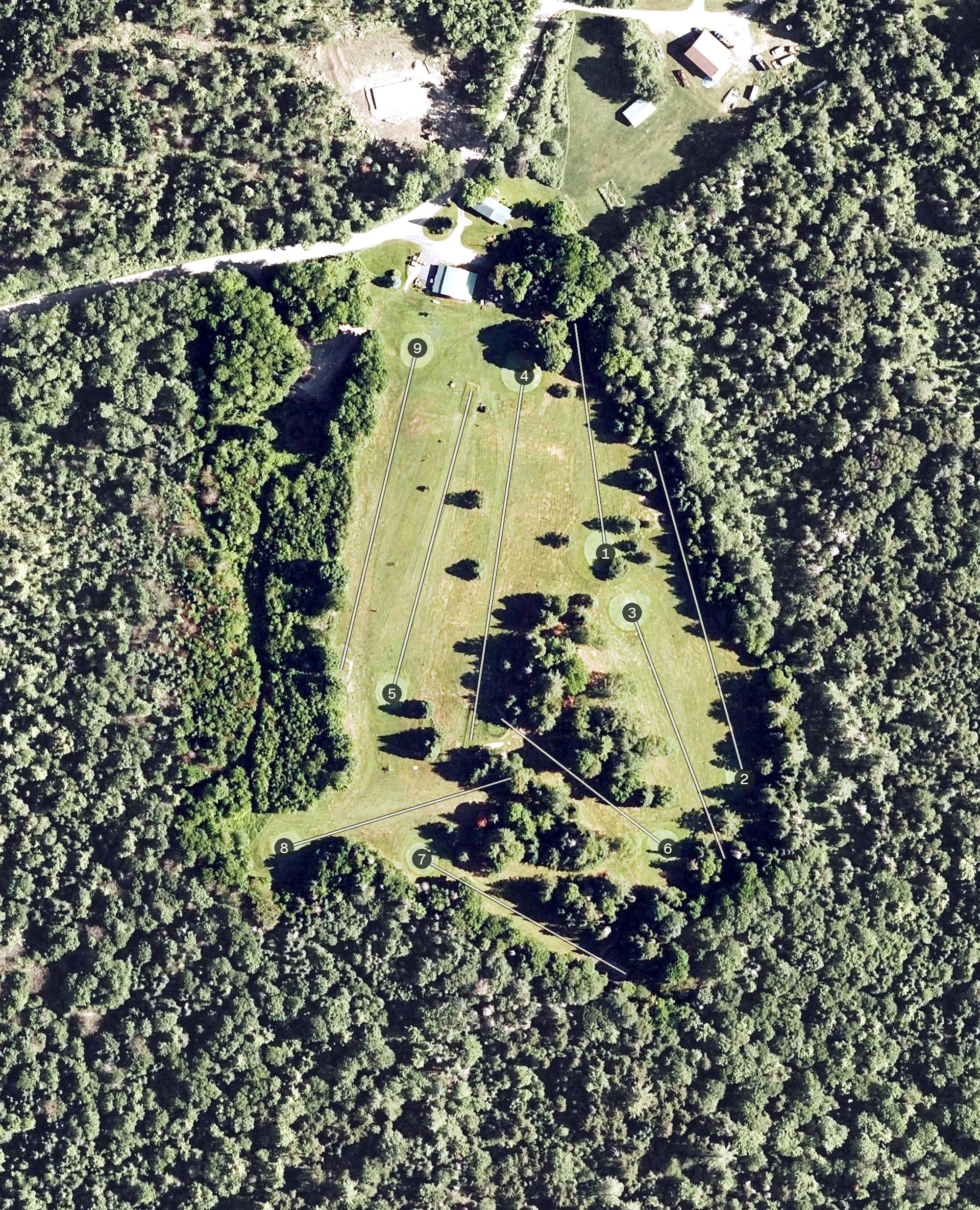 Aerial view of Woodbury Golf Course, VT, with its hole routing marked