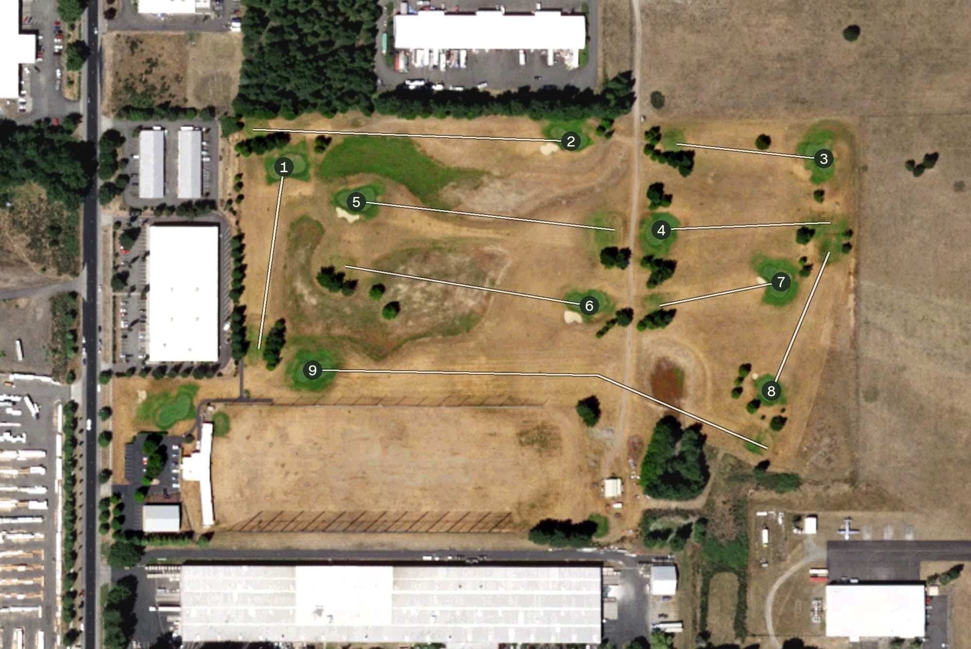 Aerial view of Airport Golf, WA, with its hole routing marked