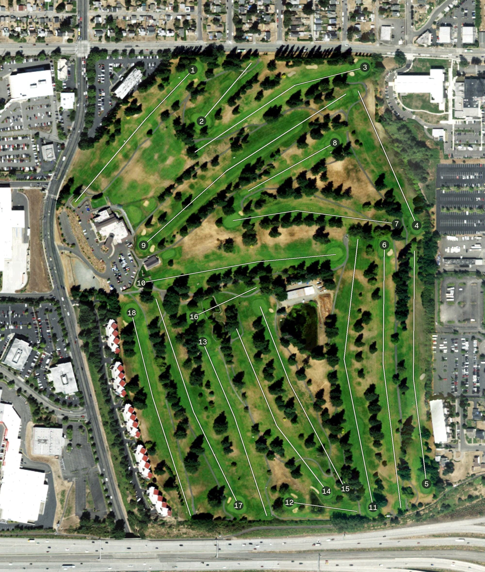 Aerial view of Allenmore Golf Course, WA, with its hole routing marked