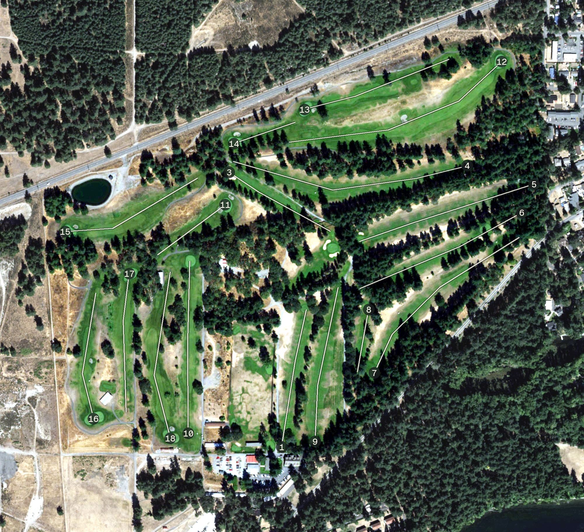 Aerial view of American Lake Veterans Golf Course, WA, with its hole routing marked
