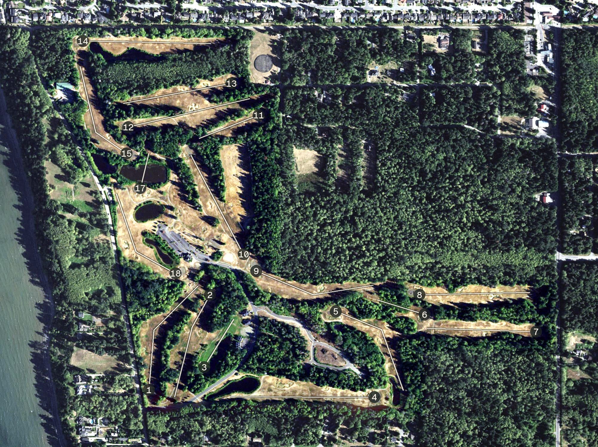 Aerial view of Bald Eagle Golf Club, WA, with its hole routing marked