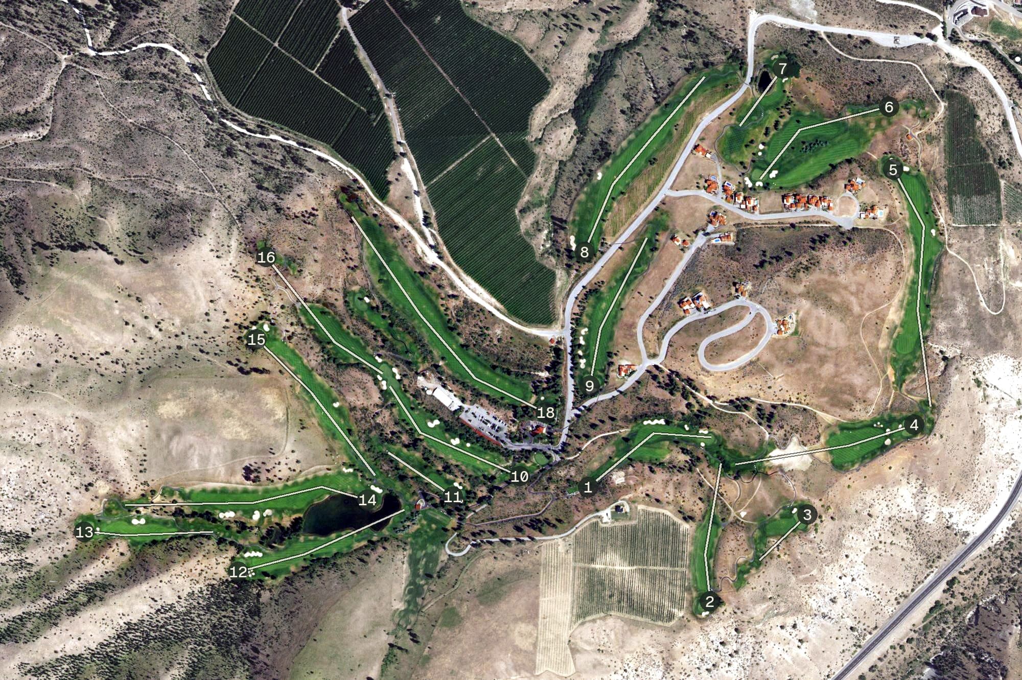 Aerial view of Bear Mountain Golf Course, WA, with its hole routing marked