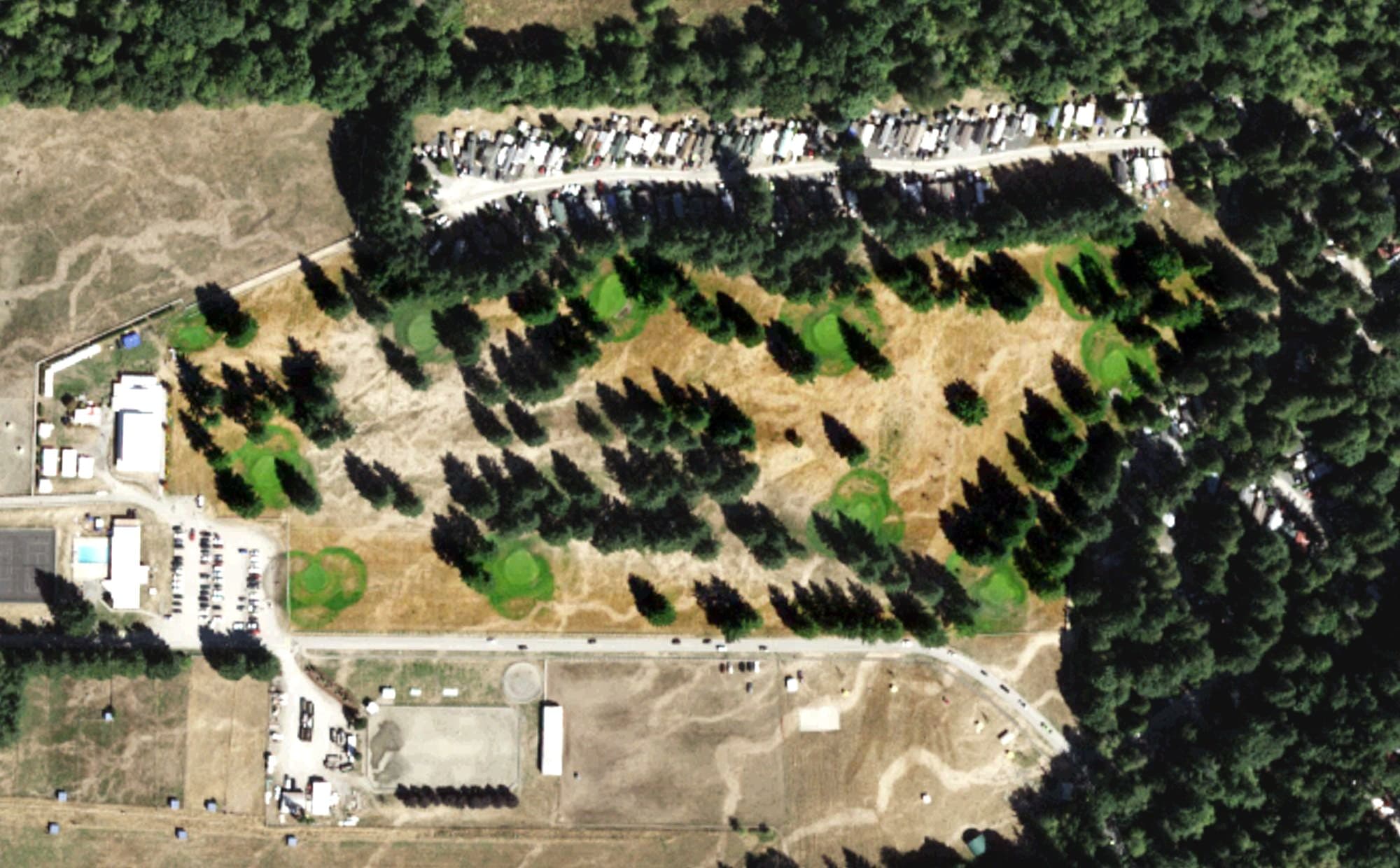 Aerial view of Black Mountain Ranch Golf Course, WA, with its hole routing marked