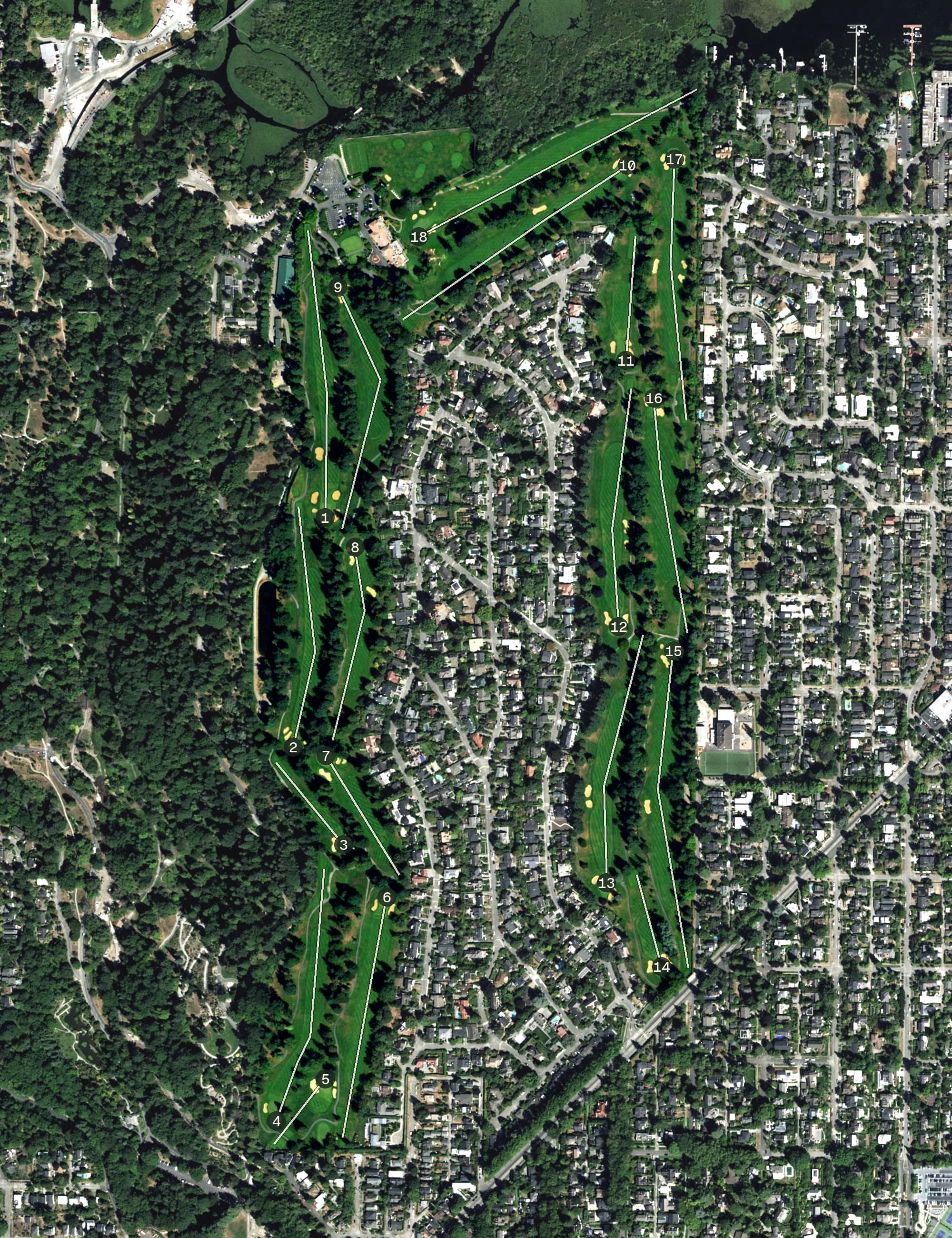 Aerial view of Broadmoor Golf Course, WA, with its hole routing marked