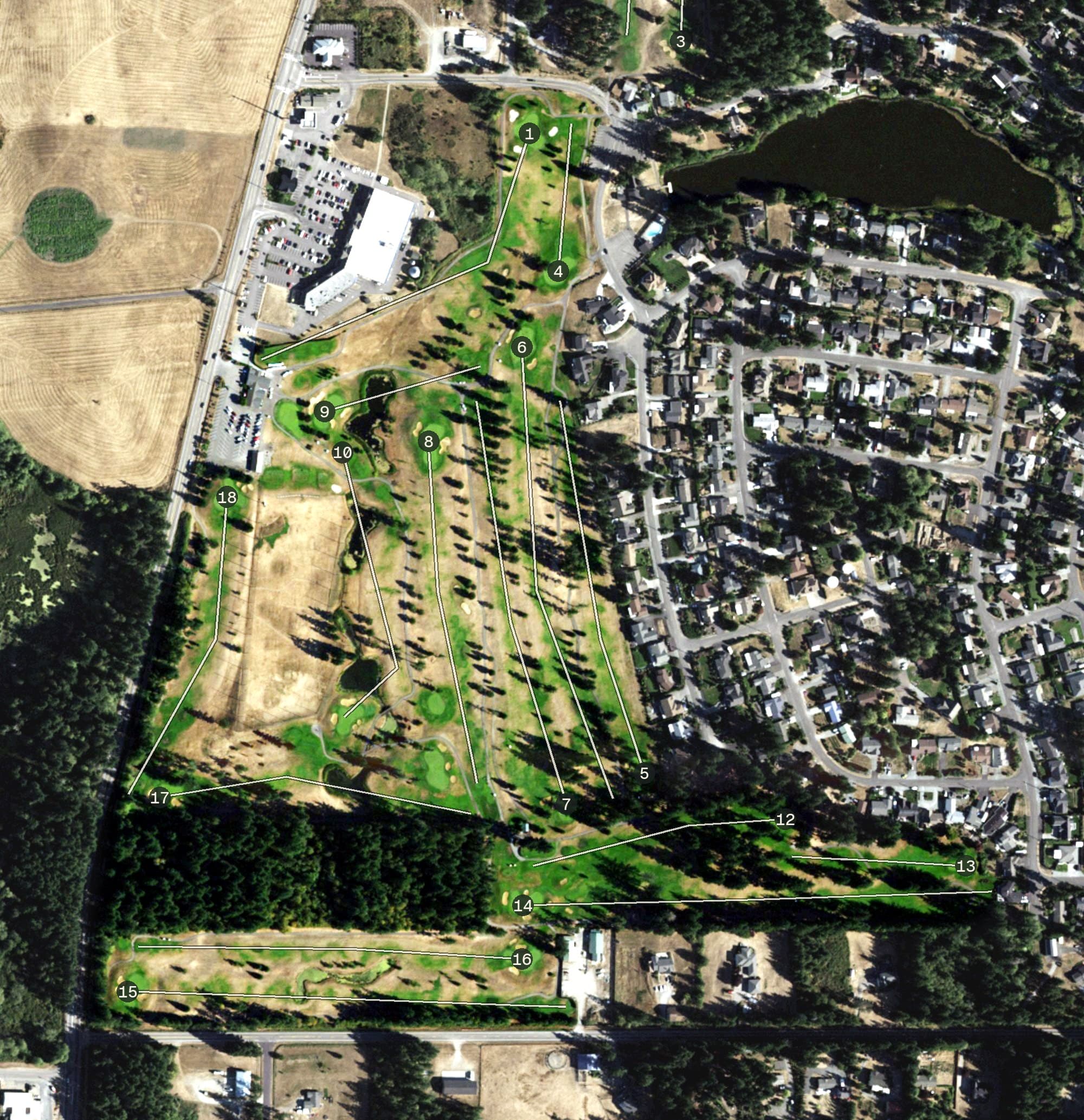 Aerial view of Camaloch Golf Course, WA, with its hole routing marked