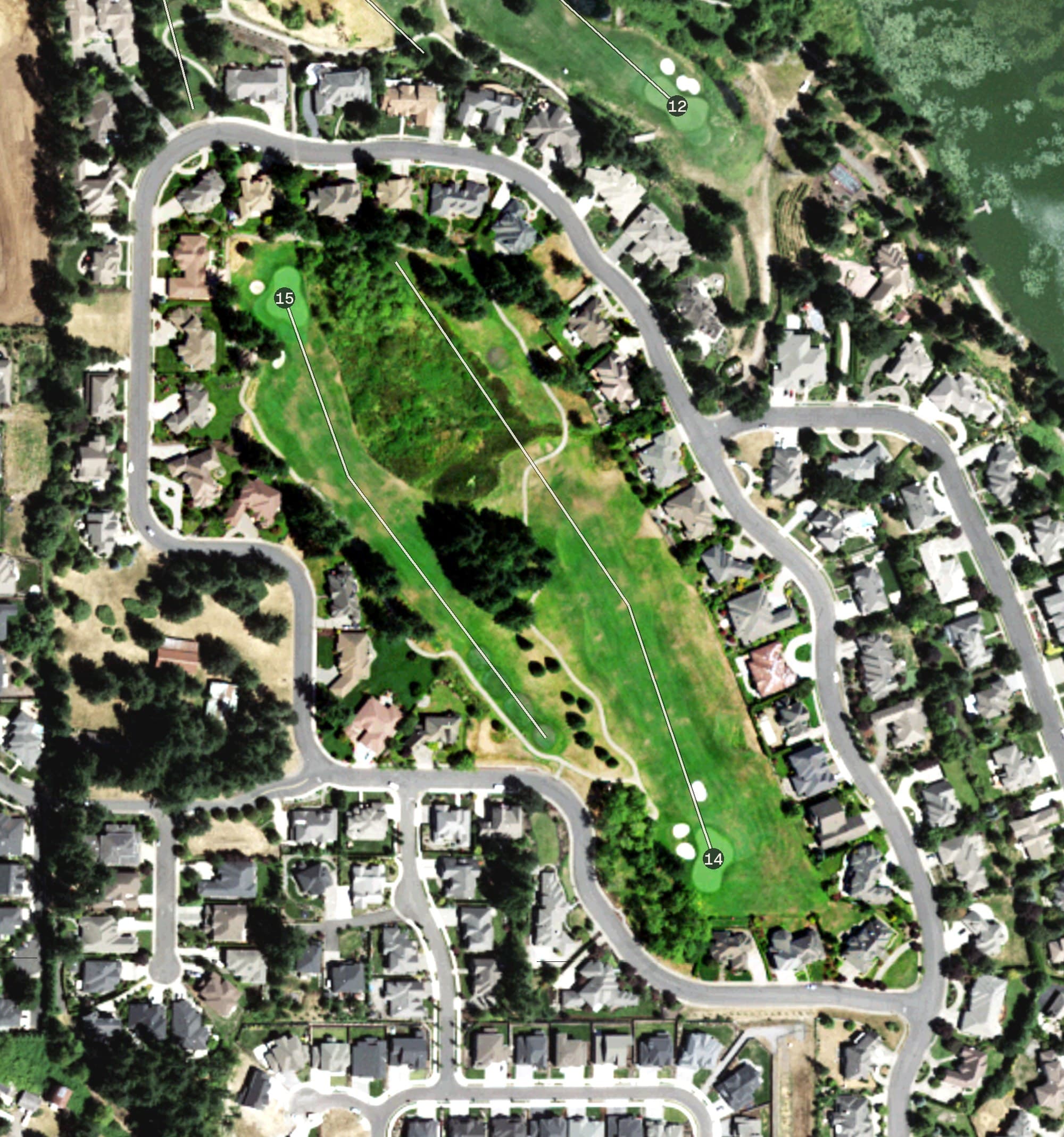 Aerial view of Camas Meadows Golf Club, WA, with its hole routing marked