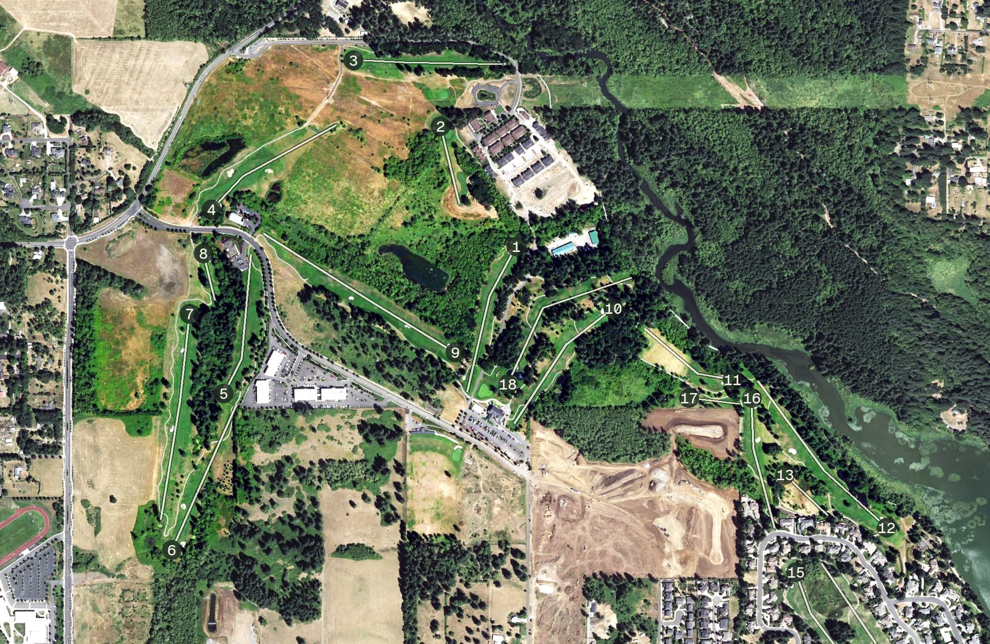 Aerial view of Camas Meadows, WA, with its hole routing marked