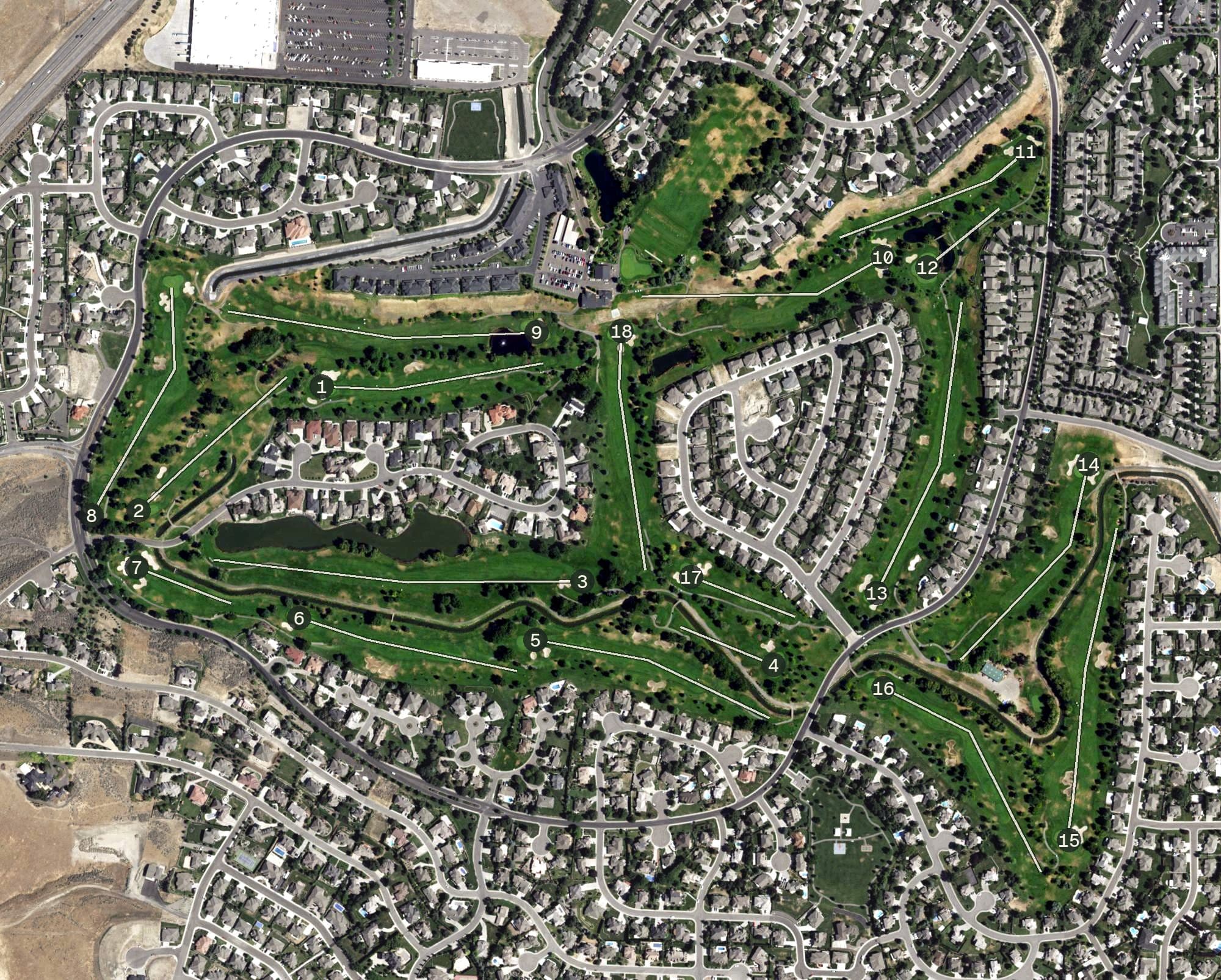 Aerial view of Canyon Lakes Golf Course, WA, with its hole routing marked