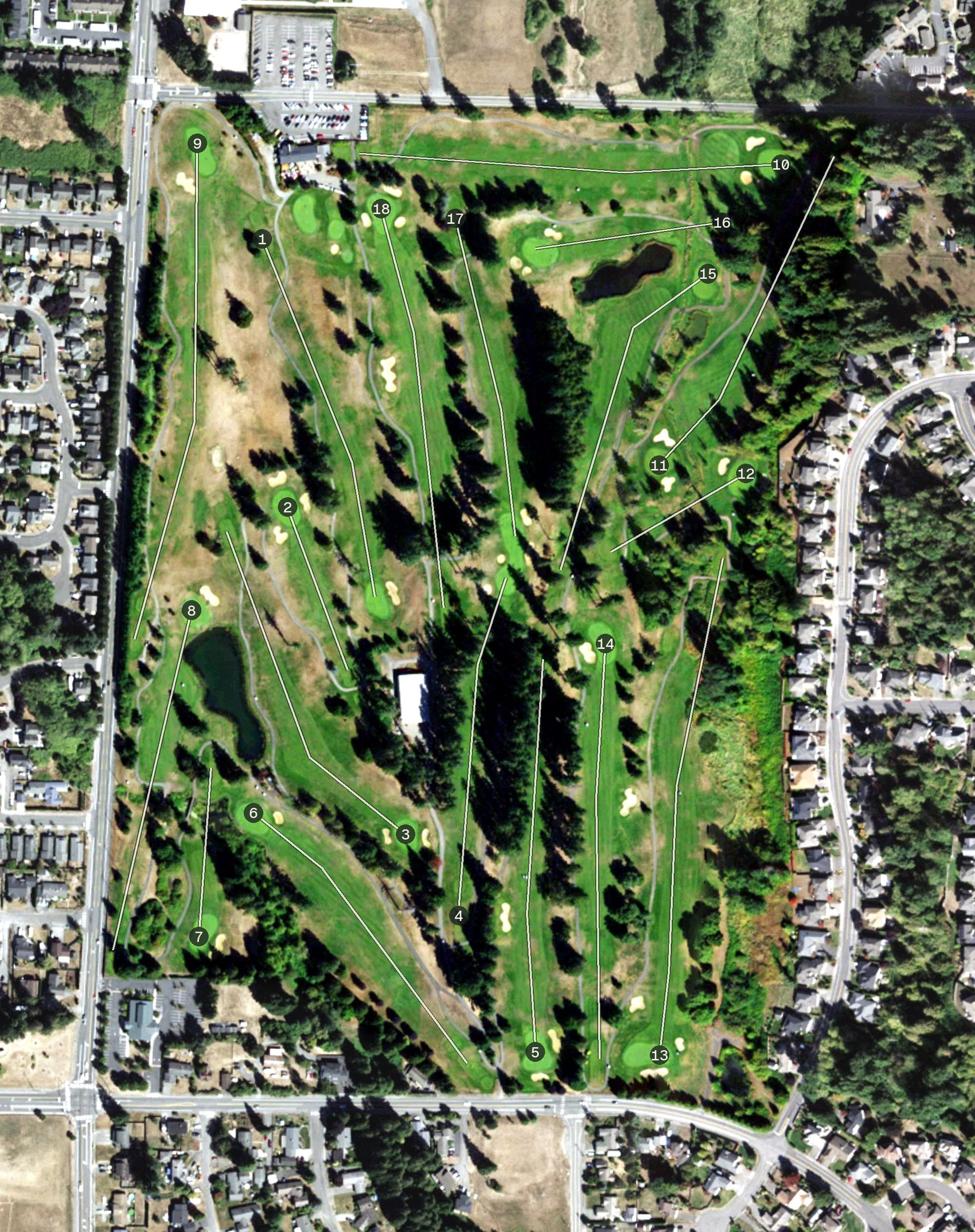 Aerial view of Cedar Crest Golf Course, WA, with its hole routing marked