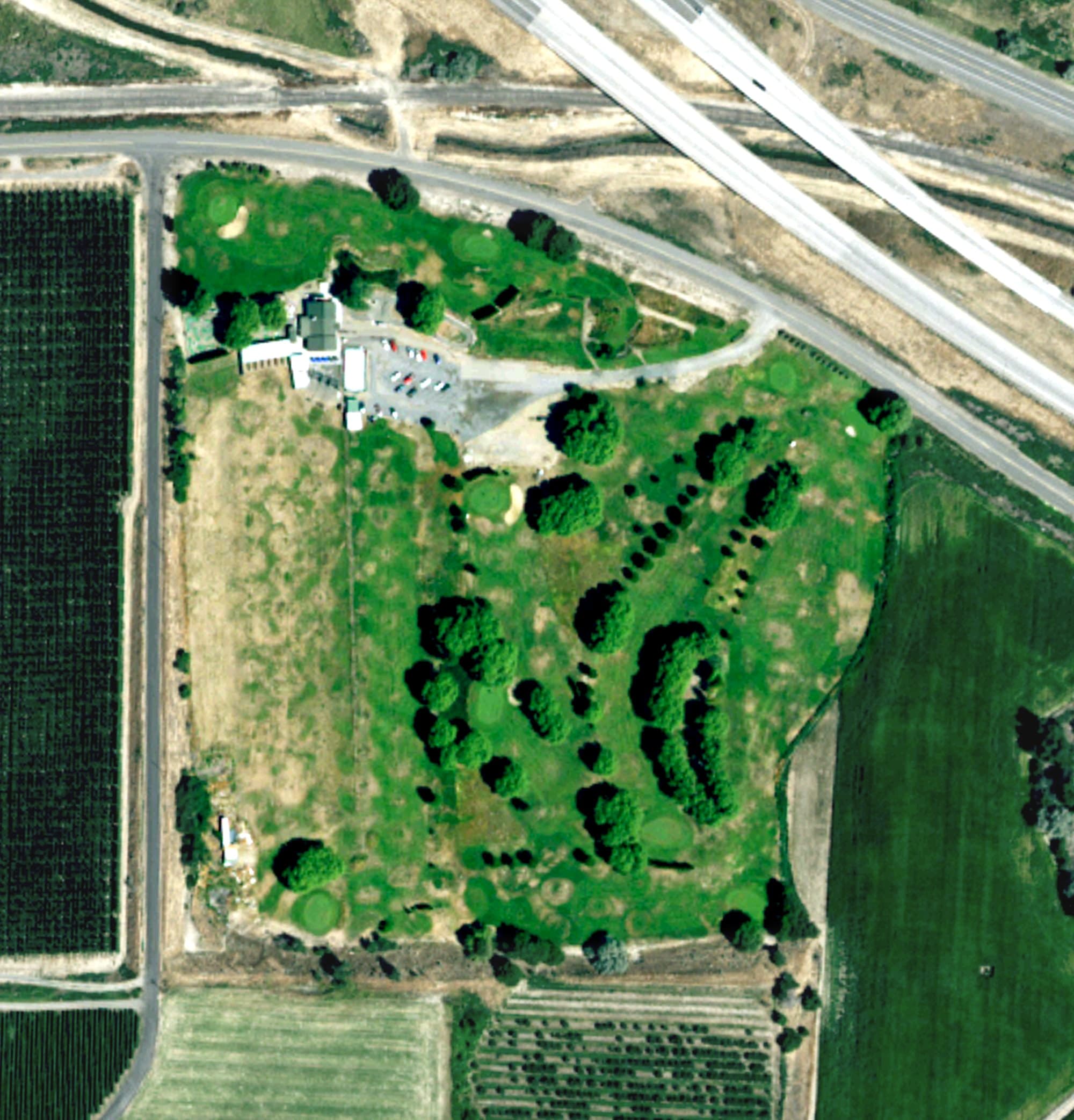 Aerial view of Cherry Hill Golf Course, WA, with its hole routing marked