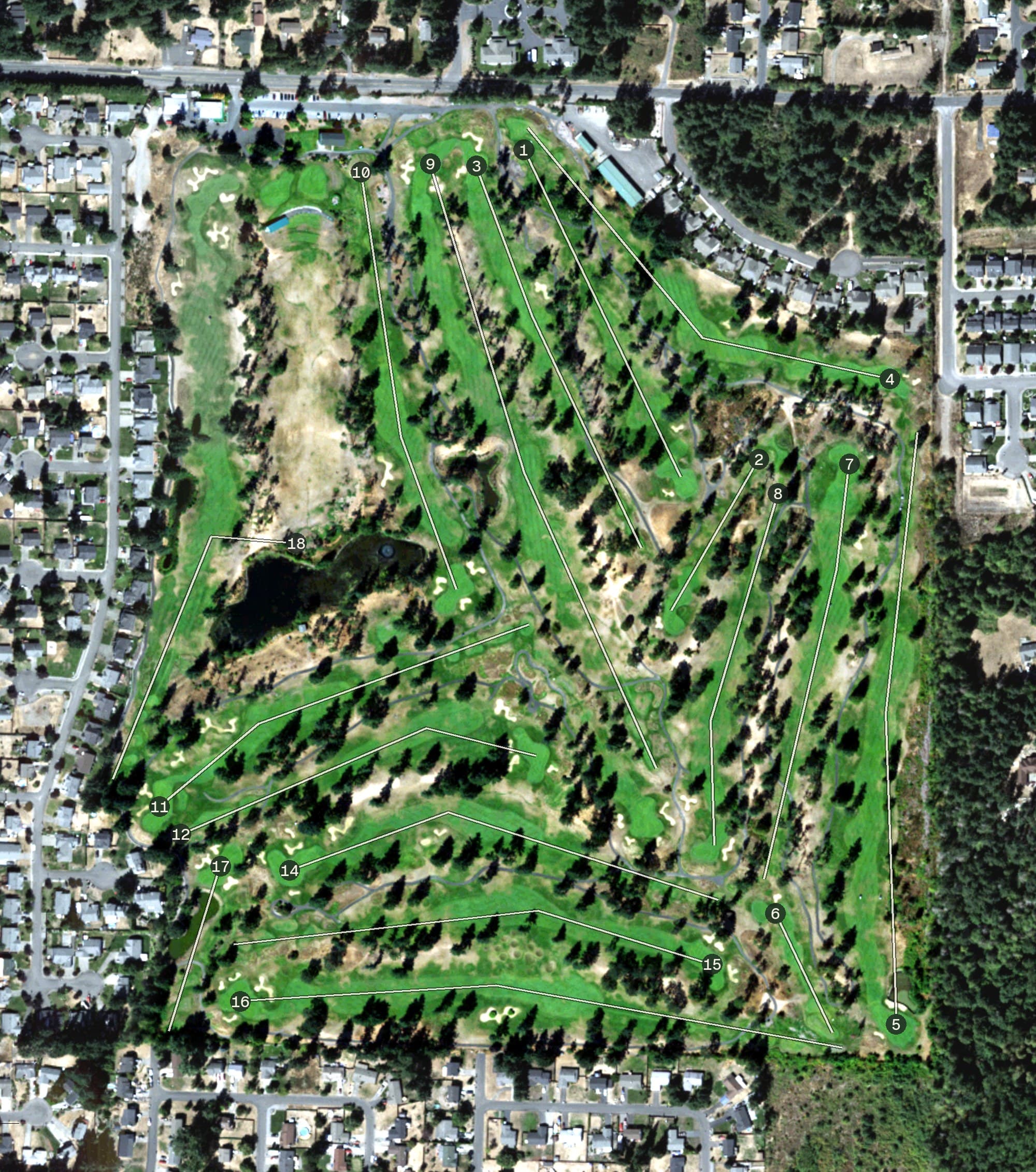 Aerial view of Classic Golf Club, WA, with its hole routing marked