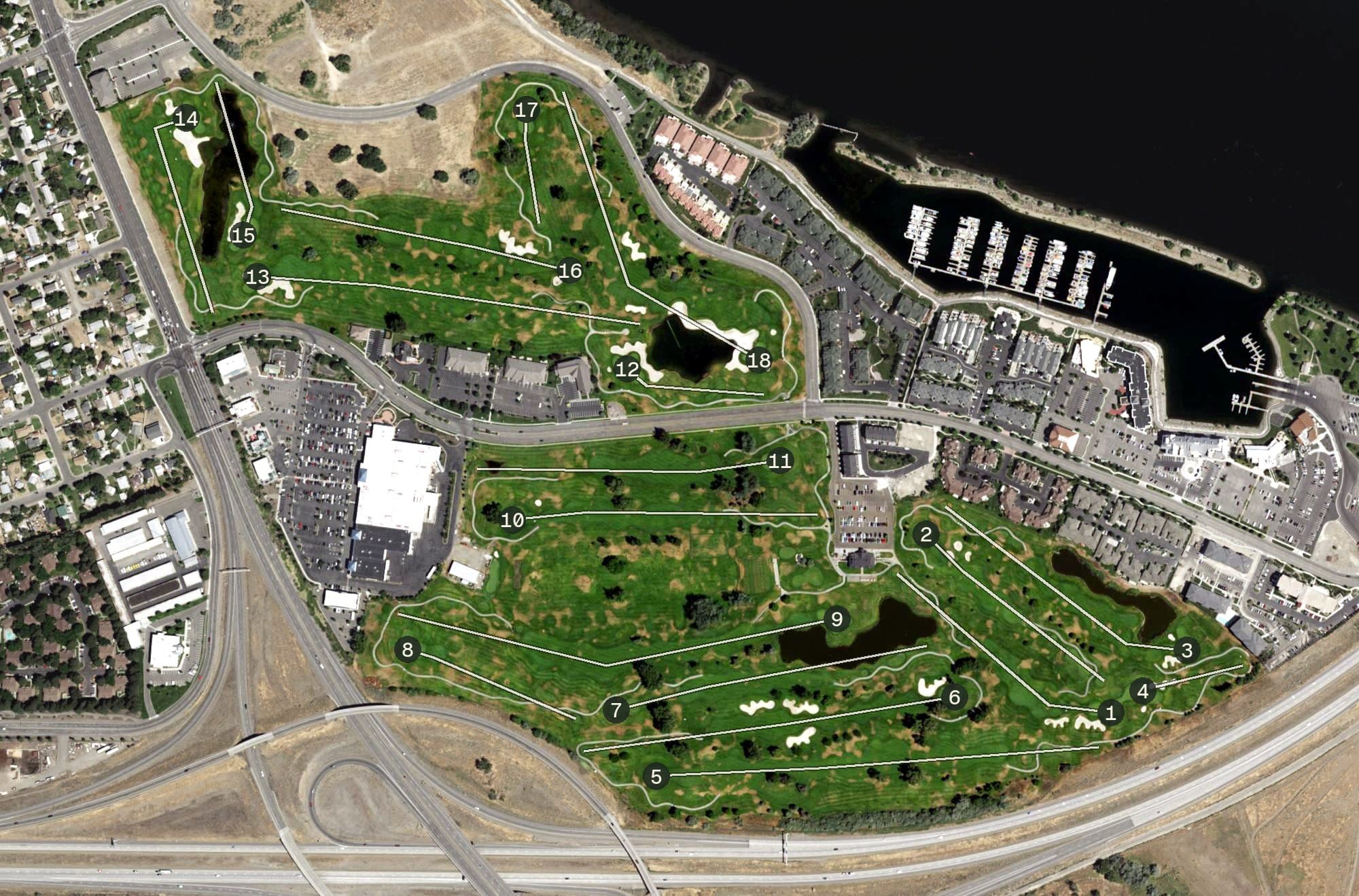 Aerial view of Columbia Point Golf Course, WA, with its hole routing marked