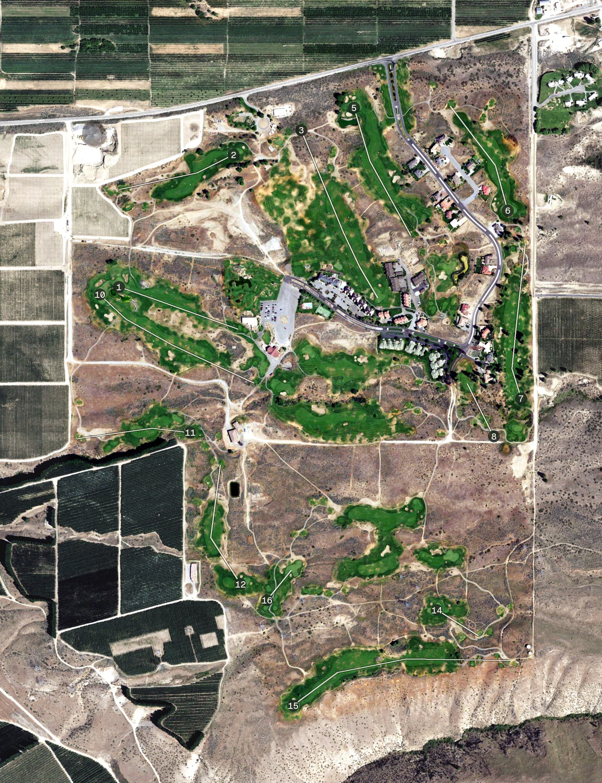 Aerial view of Desert Canyon Golf Resort, WA, with its hole routing marked
