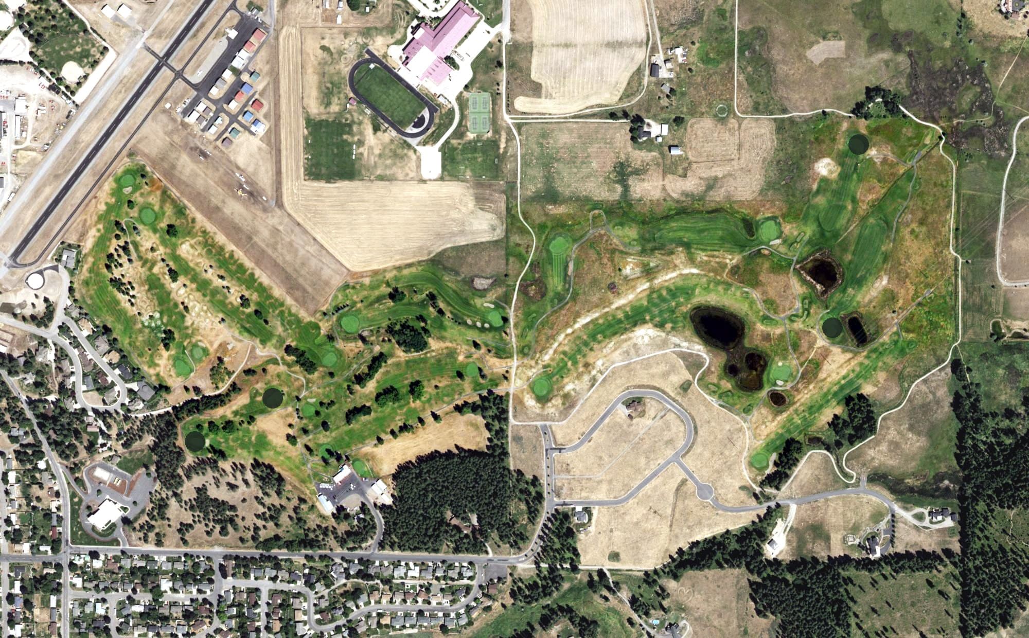 Aerial view of Dominion Meadows Golf Course, WA, with its hole routing marked