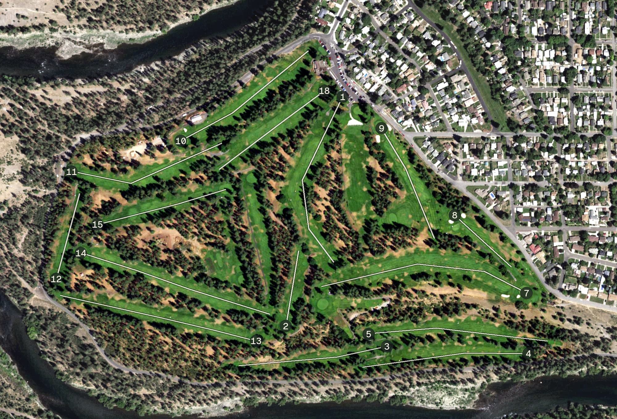 Aerial view of Downriver Golf Course, WA, with its hole routing marked