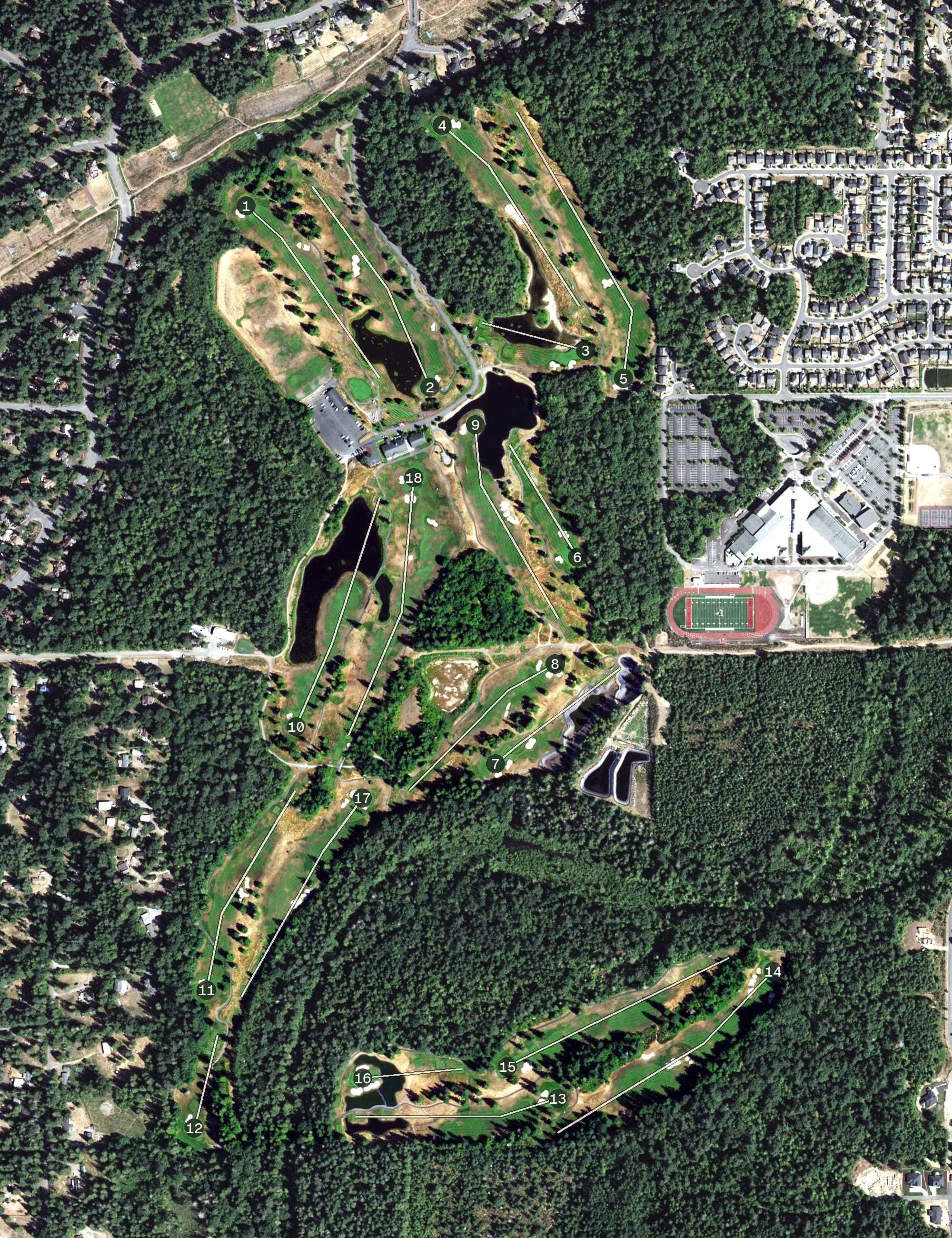 Aerial view of Druid's Glen, WA, with its hole routing marked