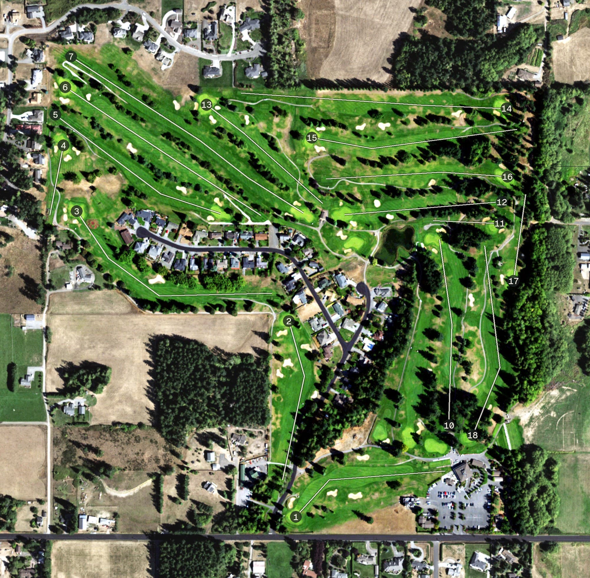 Aerial view of Dungeness Golf Course, WA, with its hole routing marked
