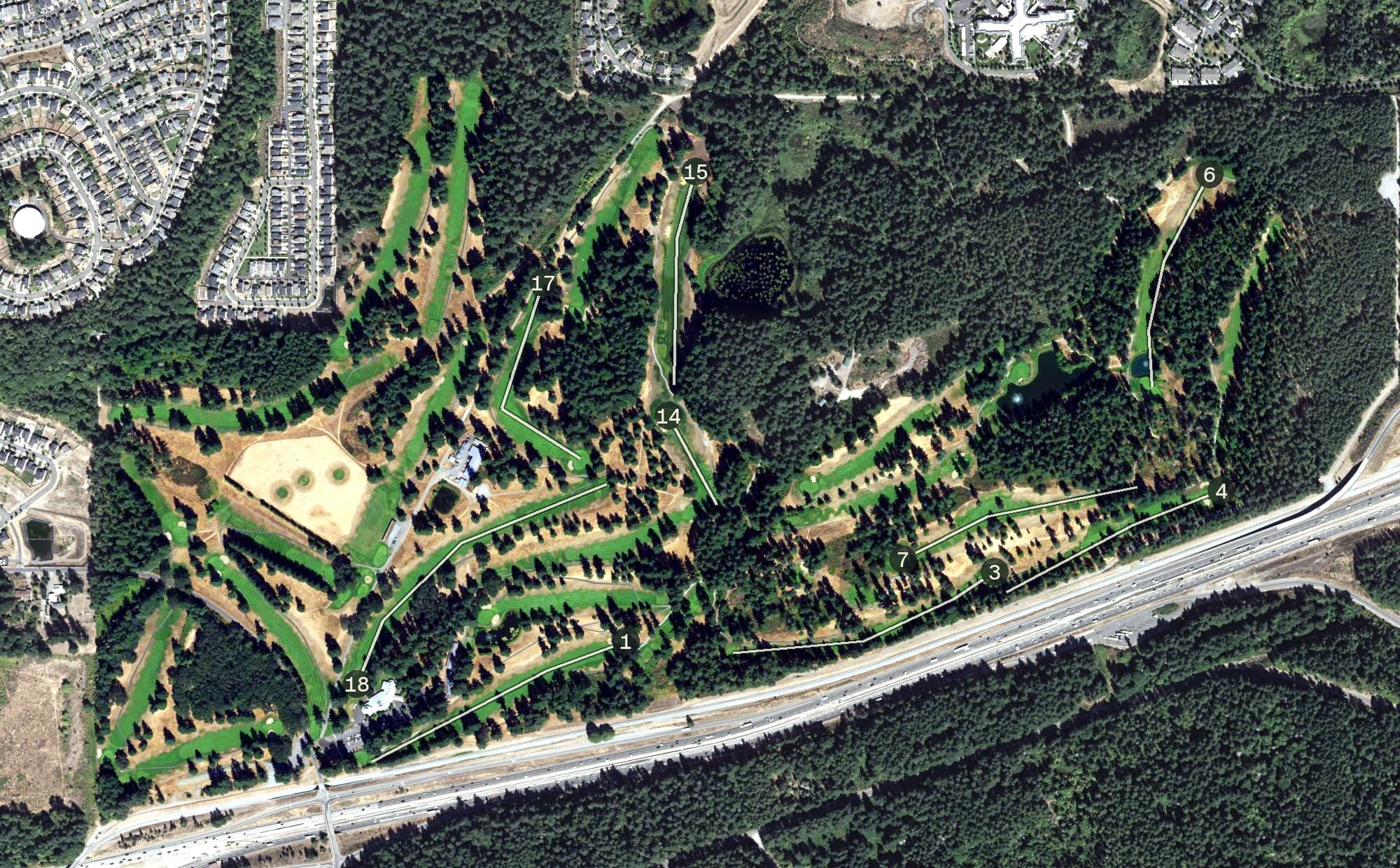 Aerial view of Eagles Pride Golf Course, WA, with its hole routing marked