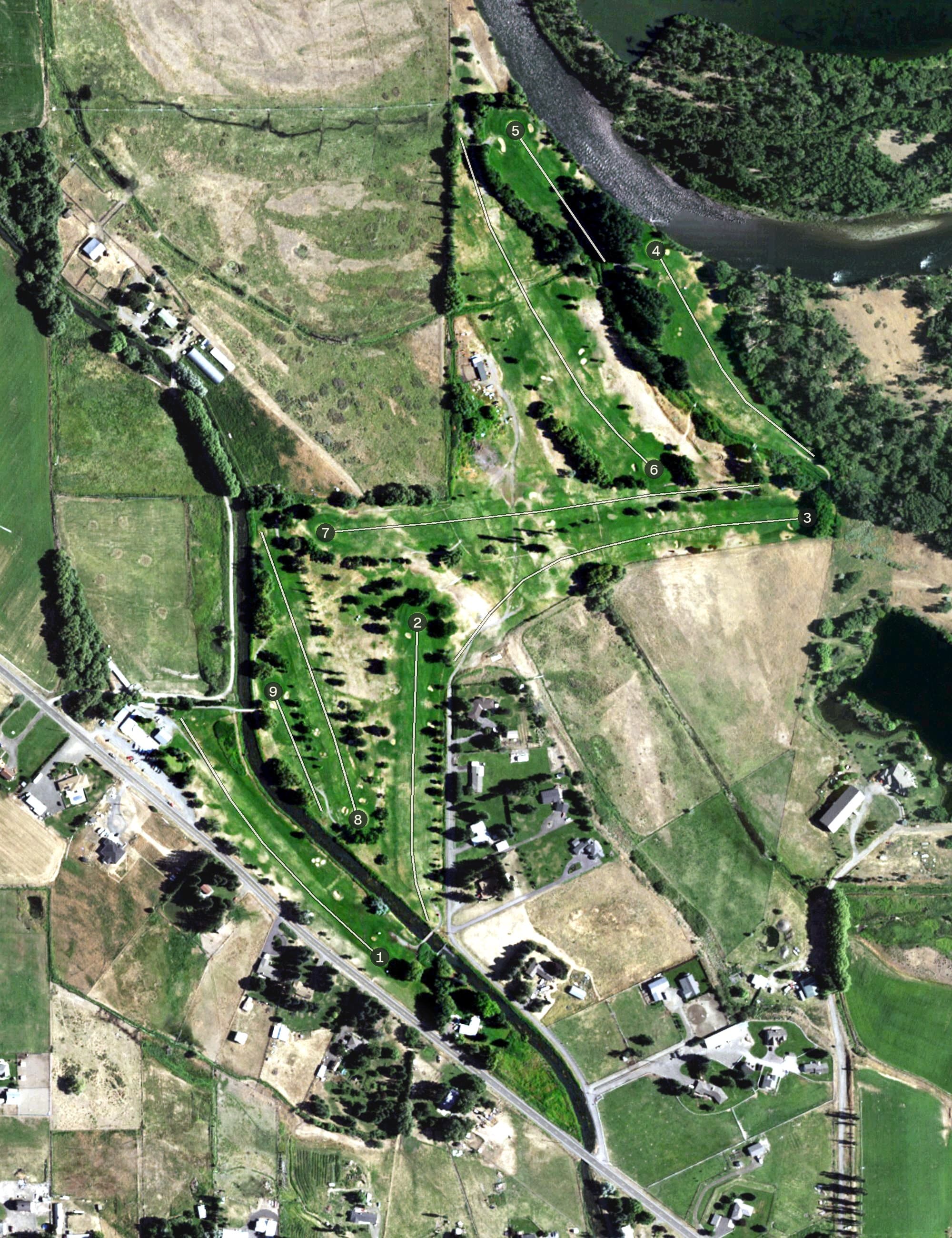 Aerial view of Ellensburg Golf and Country Club, WA, with its hole routing marked