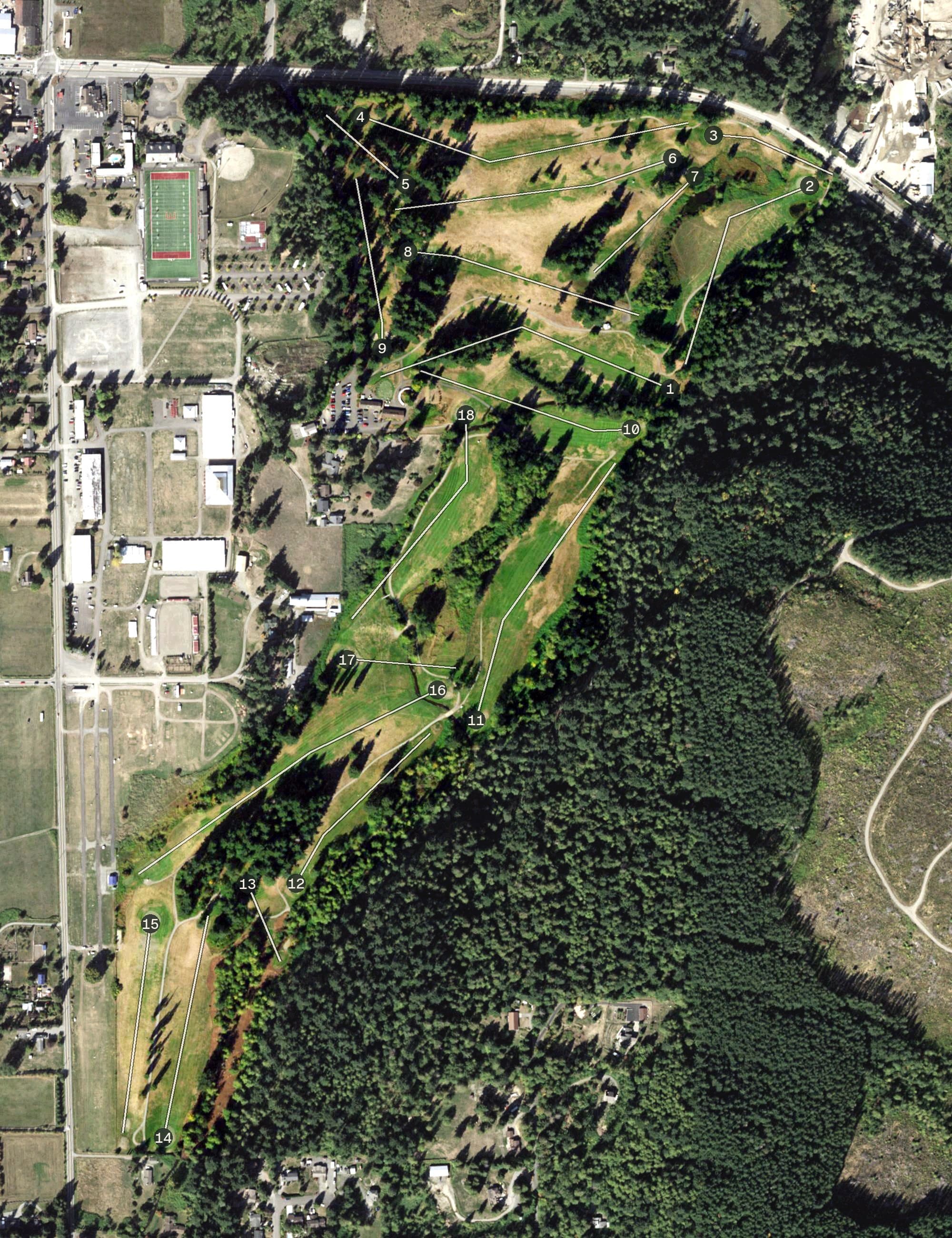 Aerial view of Enumclaw Golf Course, WA, with its hole routing marked
