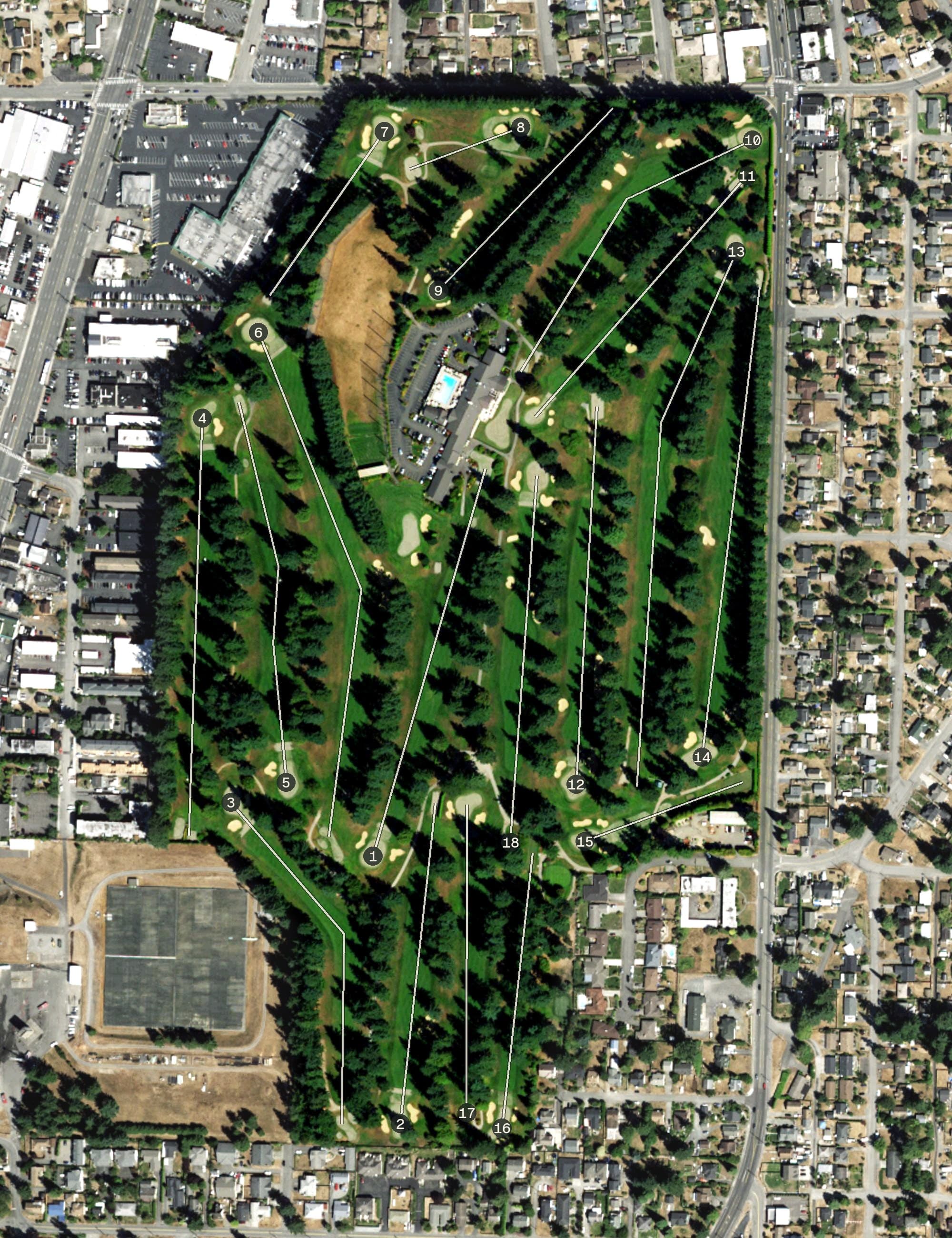 Aerial view of Everett Golf and Country Club, WA, with its hole routing marked