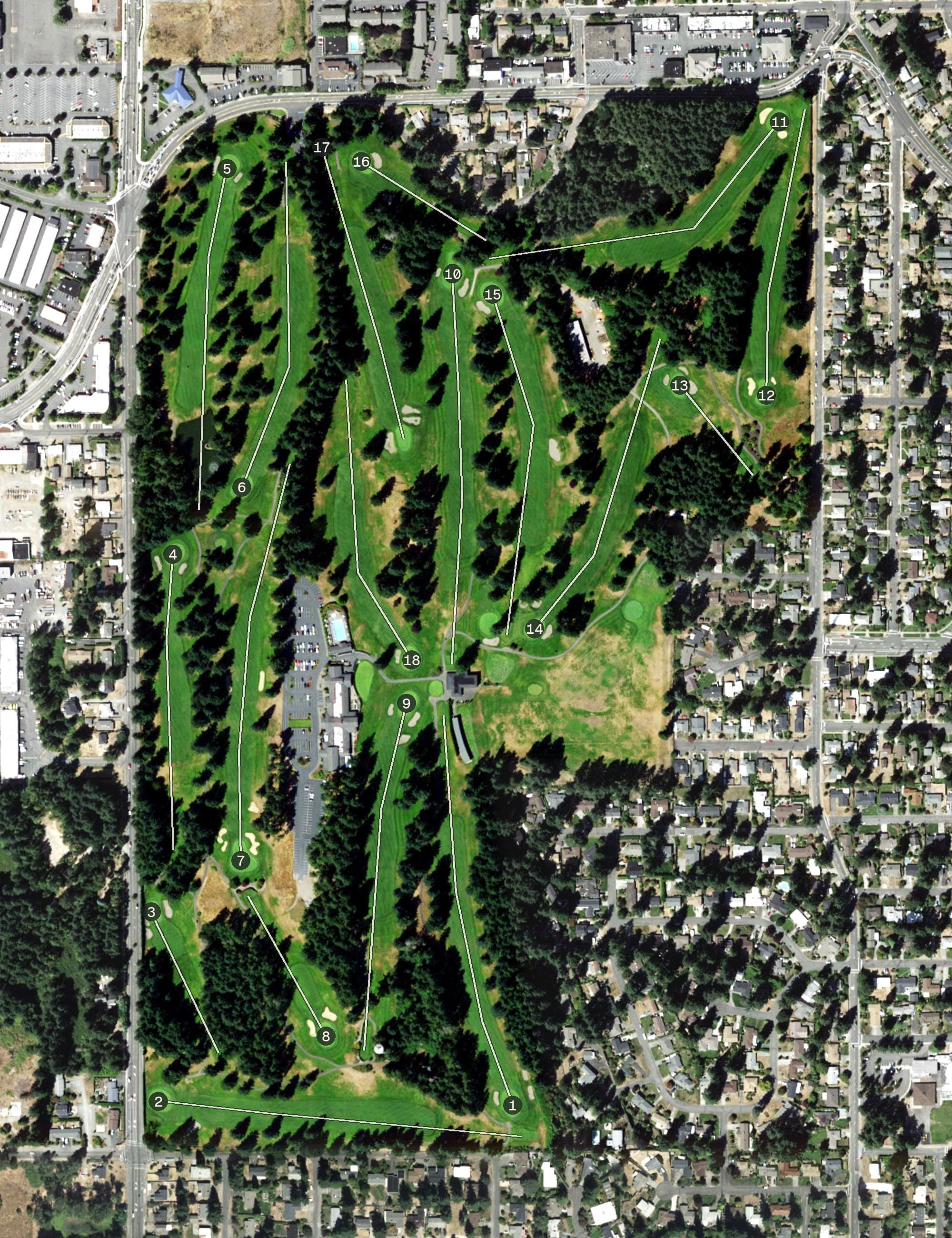 Aerial view of Fircrest Golf Course, WA, with its hole routing marked