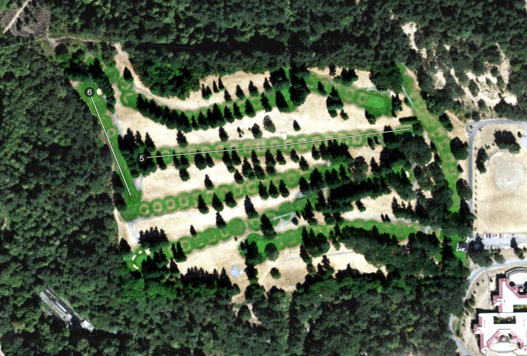Aerial view of Fort Steilacoom Golf Course, WA, with its hole routing marked