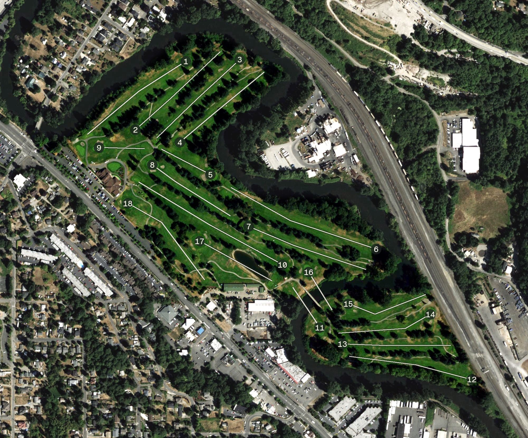 Aerial view of Foster Golf Links, WA, with its hole routing marked