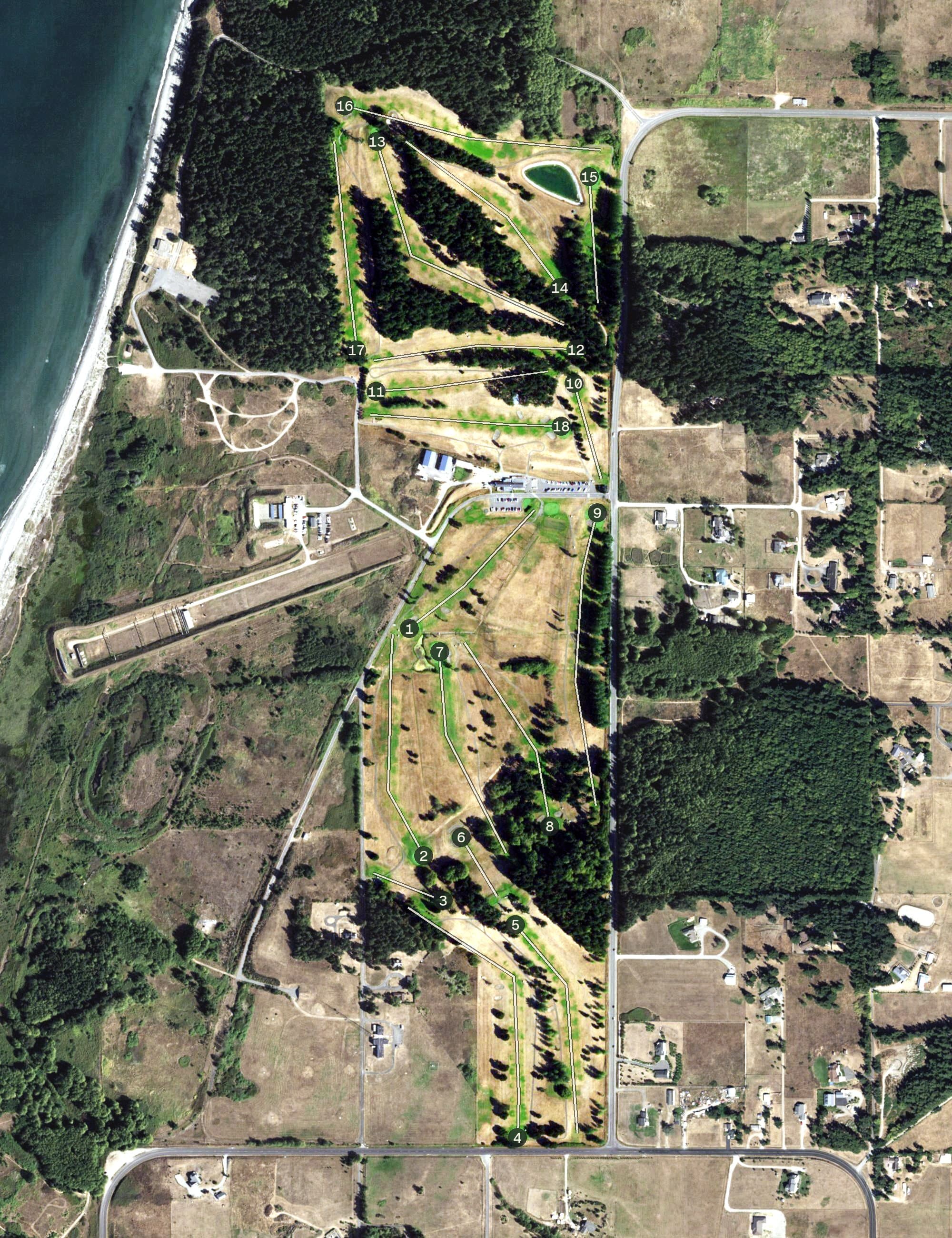 Aerial view of Gallery Golf Course, WA, with its hole routing marked