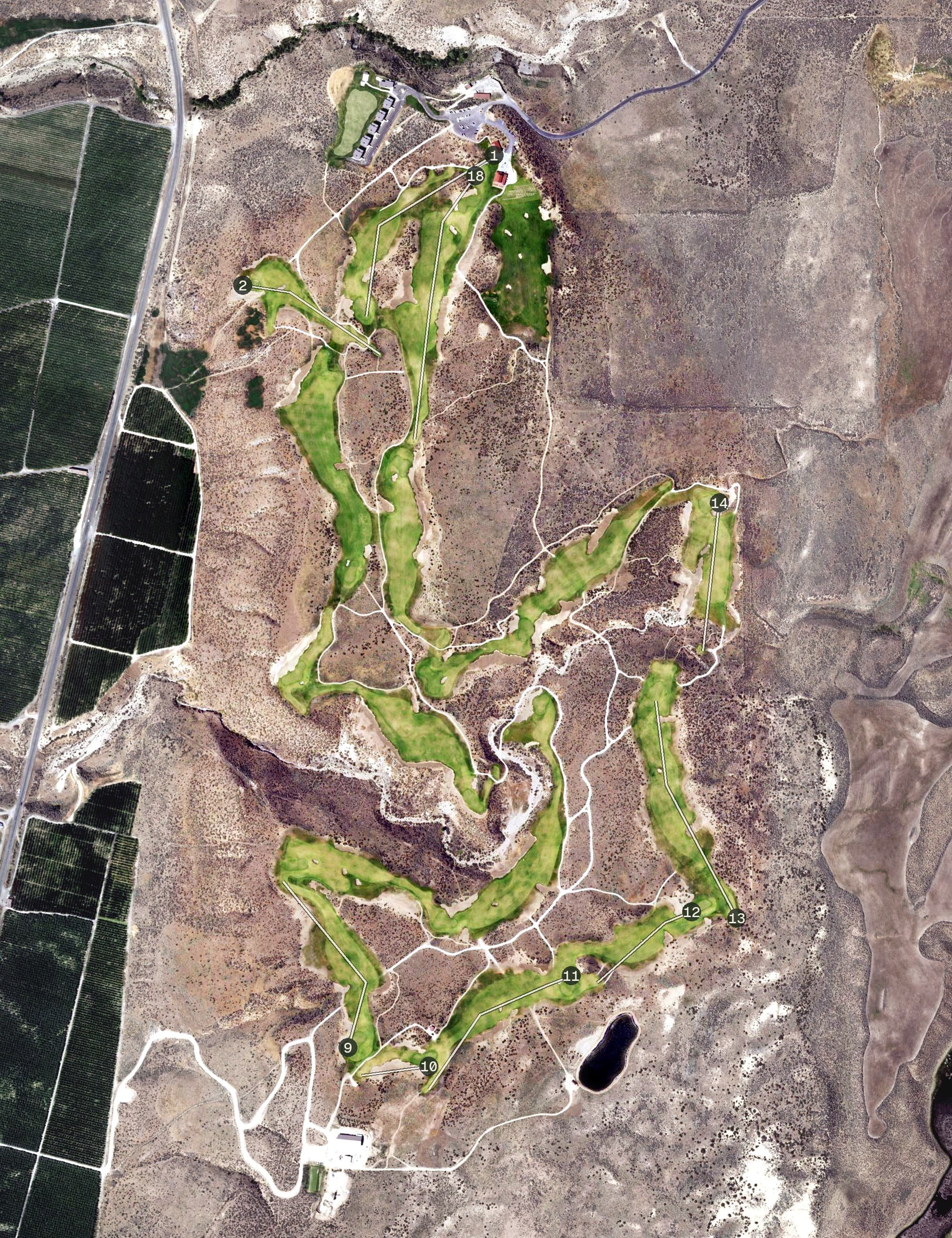 Aerial view of Gamble Sands Golf Course, WA, with its hole routing marked