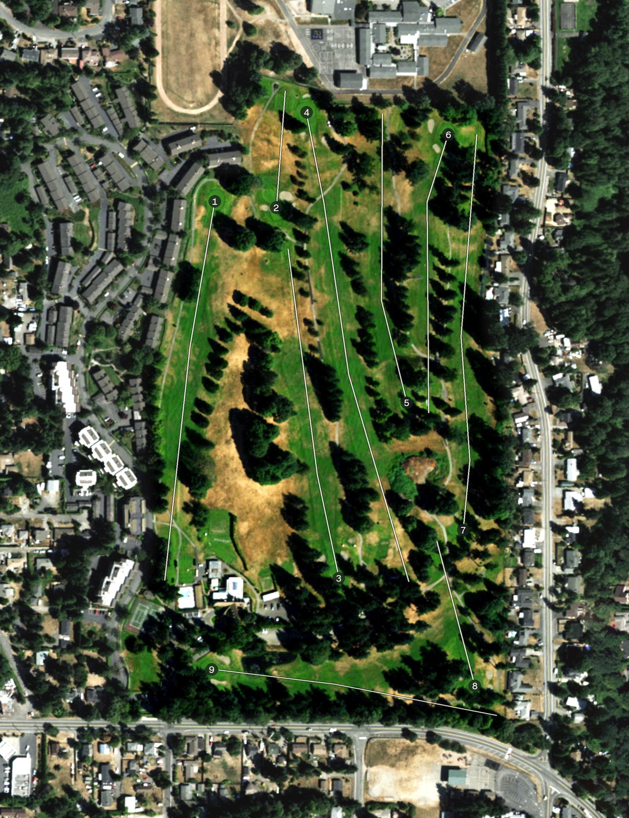 Aerial view of Glen Acres Golf & Country Club, WA, with its hole routing marked