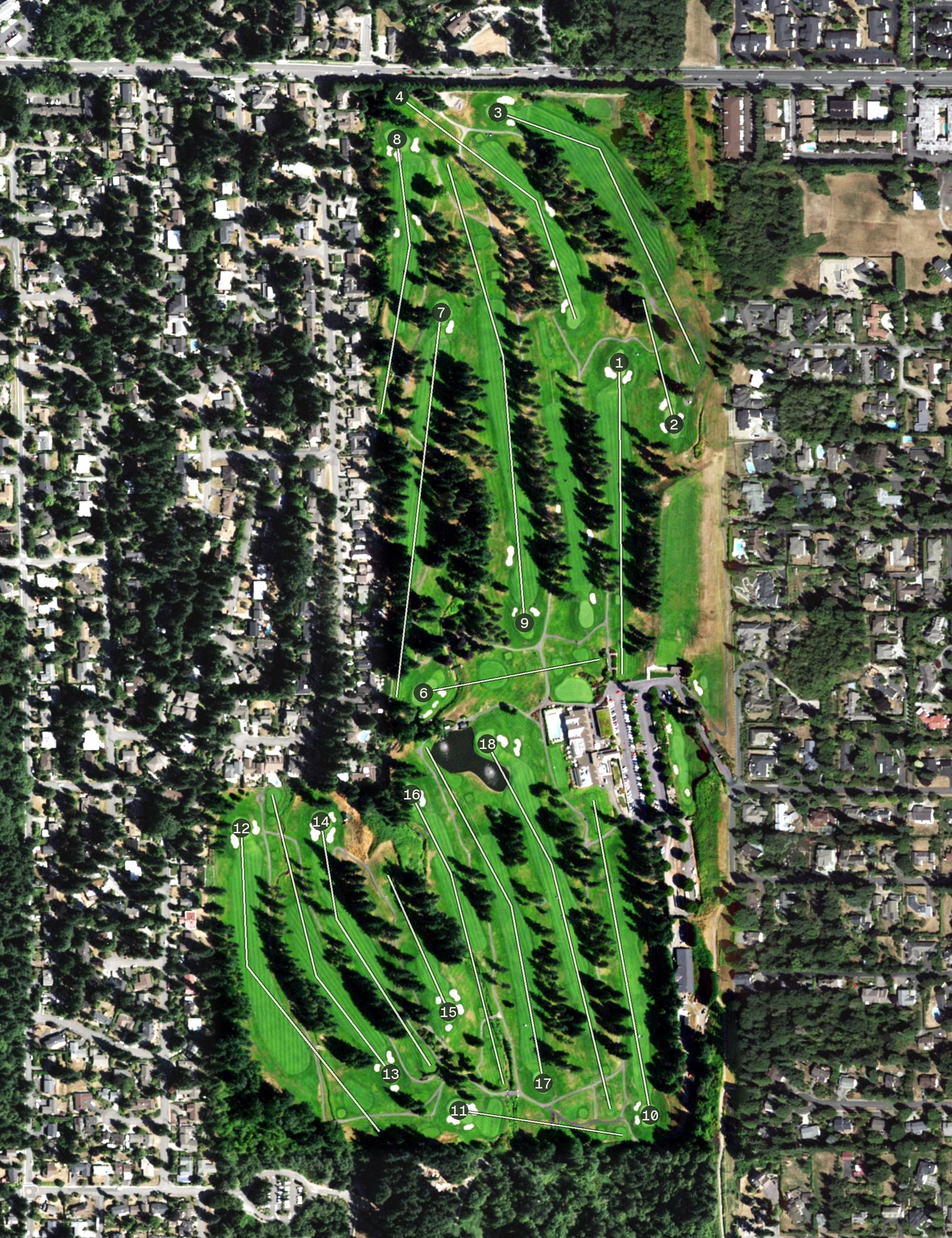 Aerial view of Glendale Country Club, WA, with its hole routing marked